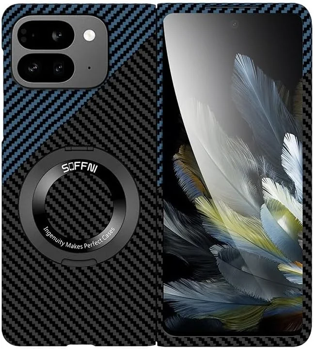 قاب محافظ باریک و سخت کامپیوتر با طرح فیبر کربن و استند مغناطیسی مناسب برای گوگل پیکسل 9 پرو فولد (مشکی آبی)