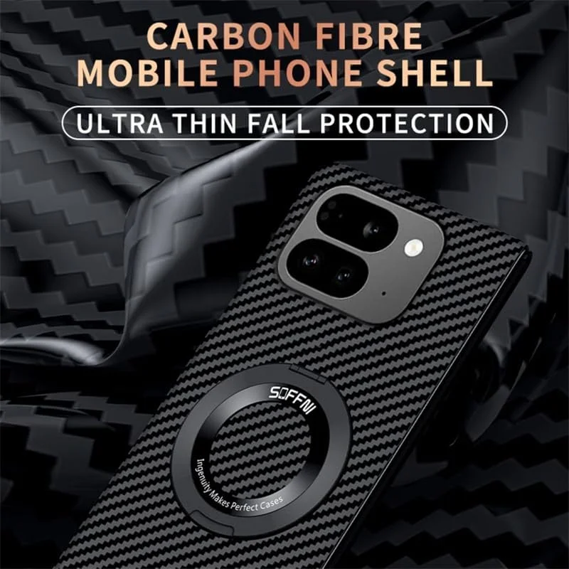 قاب محافظ باریک و سخت کامپیوتر با طرح فیبر کربن و استند مغناطیسی مناسب برای گوگل پیکسل 9 پرو فولد (مشکی آبی)