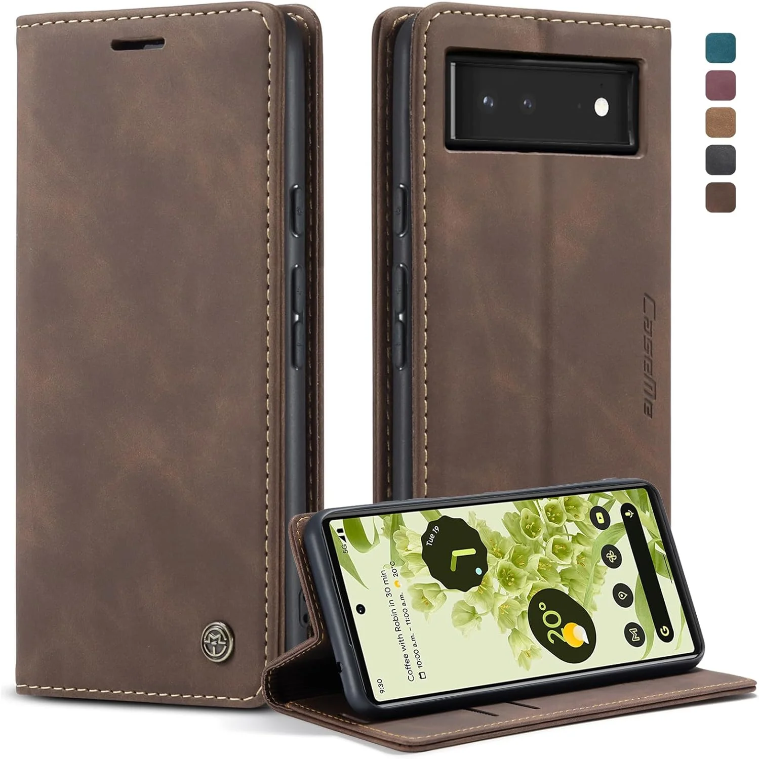 کیف چرمی تاشو با جای کارت و قفل مغناطیسی و پایه ضد ضربه مناسب گوشی گوگل پیکسل 6 - رنگ قهوه ای