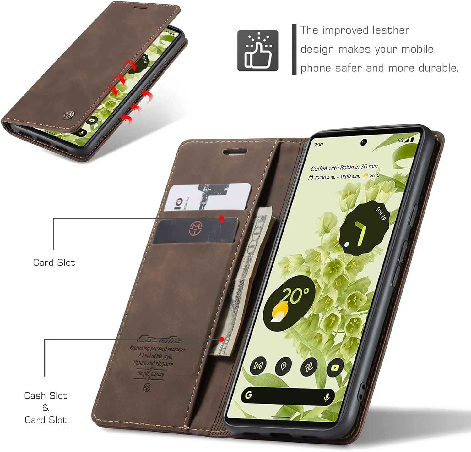 کیف چرمی تاشو با جای کارت و قفل مغناطیسی و پایه ضد ضربه مناسب گوشی گوگل پیکسل 6 - رنگ قهوه ای