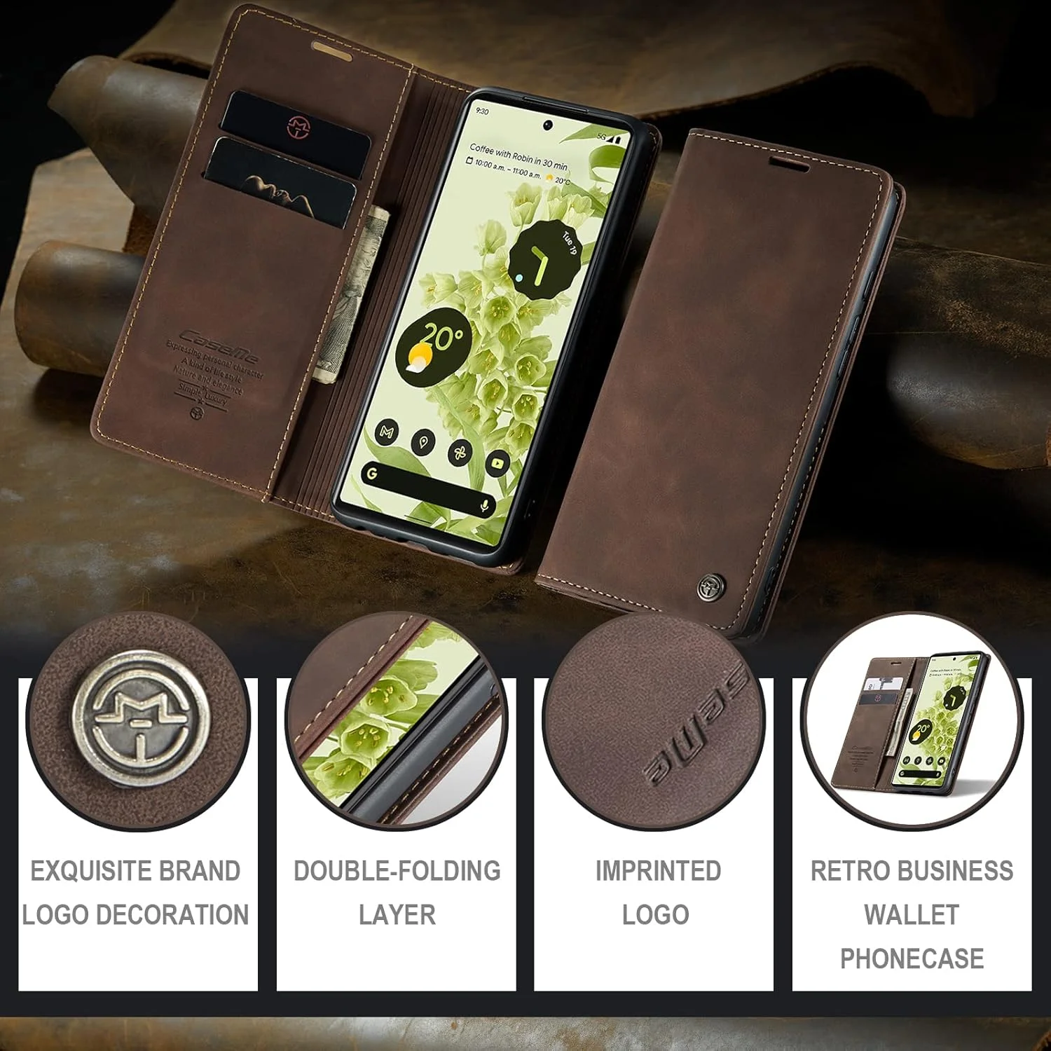 کیف چرمی تاشو با جای کارت و قفل مغناطیسی و پایه ضد ضربه مناسب گوشی گوگل پیکسل 6 - رنگ قهوه ای