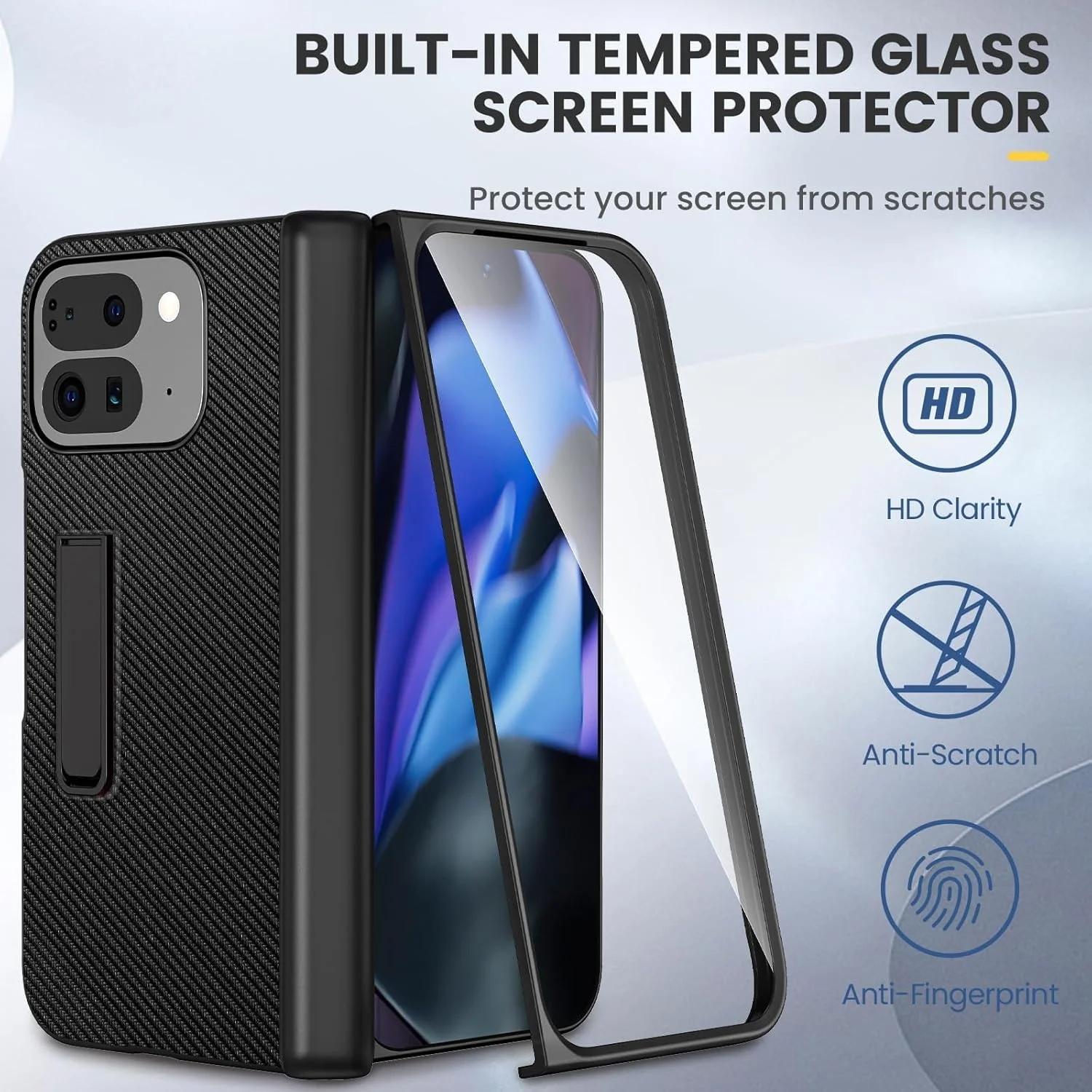 کیف محافظ گوشی تاشو Google Pixel 9 Pro Fold مدل TERRIFI با محافظ لولا، کیف چرمی PU با پایه نگهدارنده و محافظ صفحه نمایش، قاب محافظ فیبر کربنی برای Pixel 9 Pro Fold