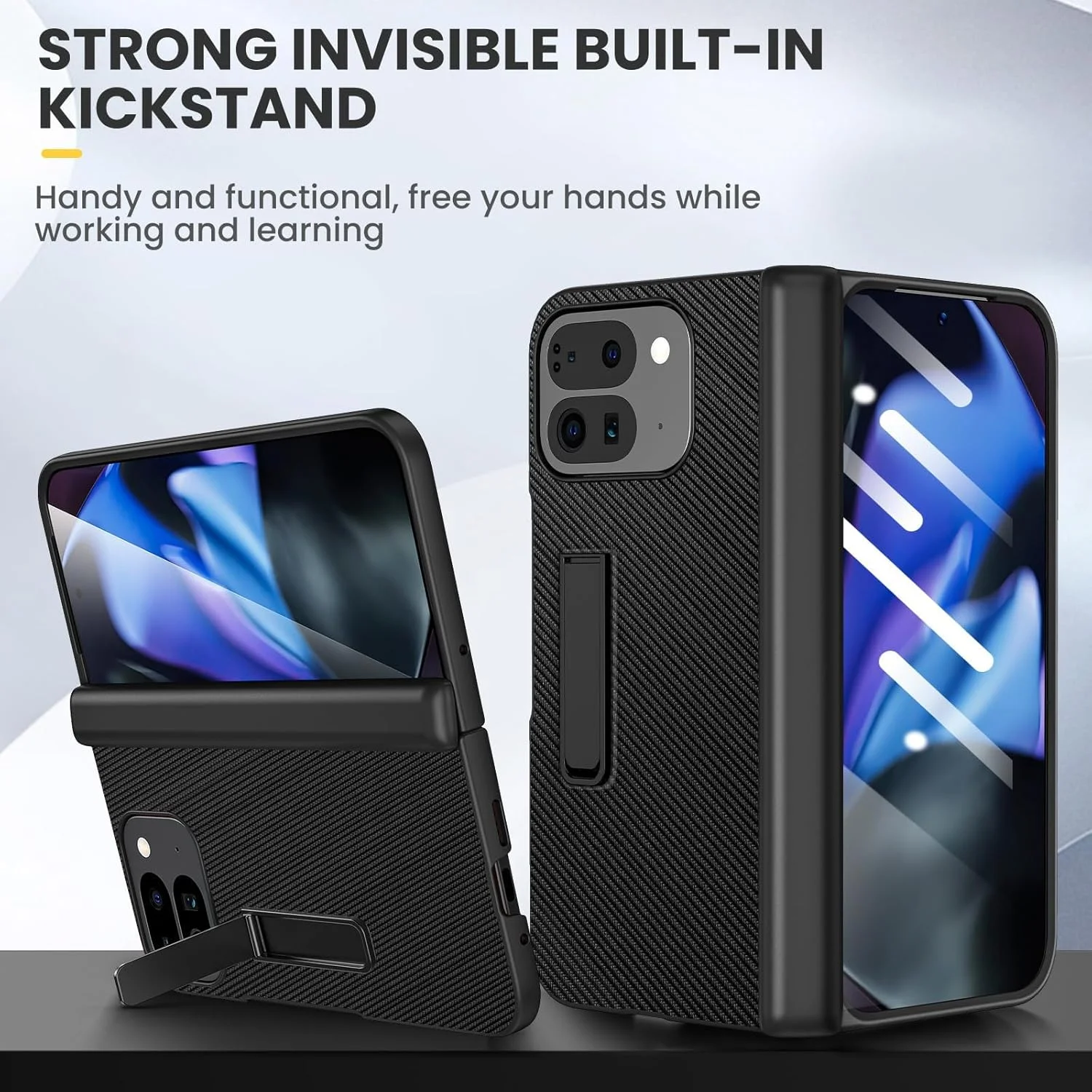 کیف محافظ گوشی تاشو Google Pixel 9 Pro Fold مدل TERRIFI با محافظ لولا، کیف چرمی PU با پایه نگهدارنده و محافظ صفحه نمایش، قاب محافظ فیبر کربنی برای Pixel 9 Pro Fold