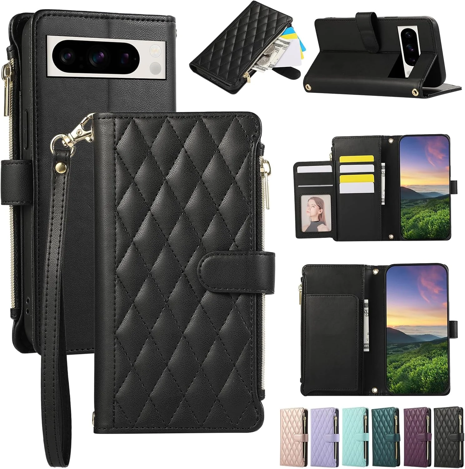 کیف پول چرمی ELEPIK مناسب برای گوشی گوگل پیکسل 9 پرو XL، دارای بند دوشی قابل تنظیم، جای کارت، پایه نگهدارنده، بند مچی، مشکی