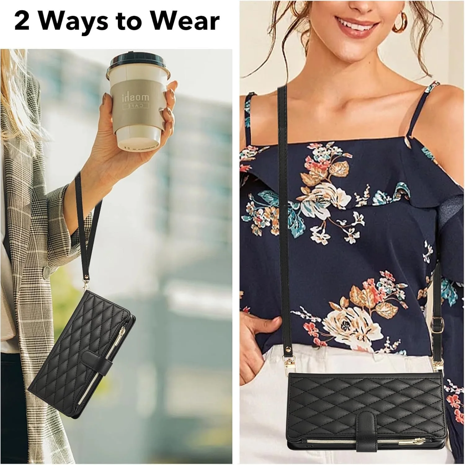 کیف پول چرمی ELEPIK مناسب برای گوشی گوگل پیکسل 9 پرو XL، دارای بند دوشی قابل تنظیم، جای کارت، پایه نگهدارنده، بند مچی، مشکی