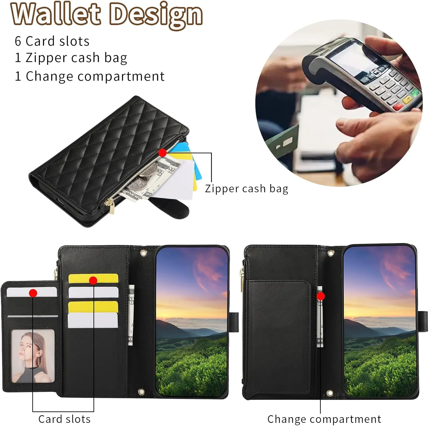 کیف پول چرمی ELEPIK مناسب برای گوشی گوگل پیکسل 9 پرو XL، دارای بند دوشی قابل تنظیم، جای کارت، پایه نگهدارنده، بند مچی، مشکی