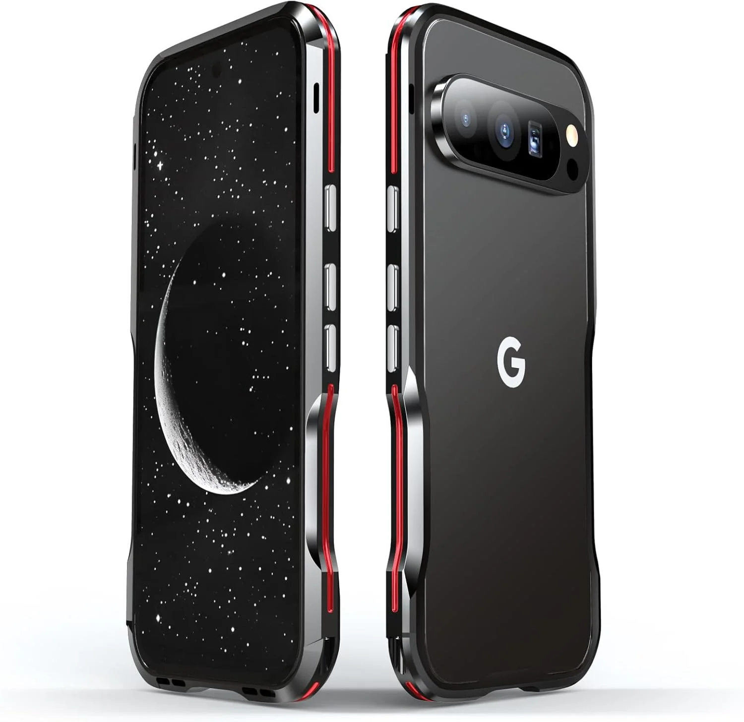 فریم فلزی سپر Gruattreay برای گوگل پیکسل 9 پرو XL (2024)، قاب گوشی خنک کننده ضد ضربه، پوشش محافظ قاب فلزی آلیاژ آلومینیوم با برچسب پشتی فیبر شفاف (قرمز)