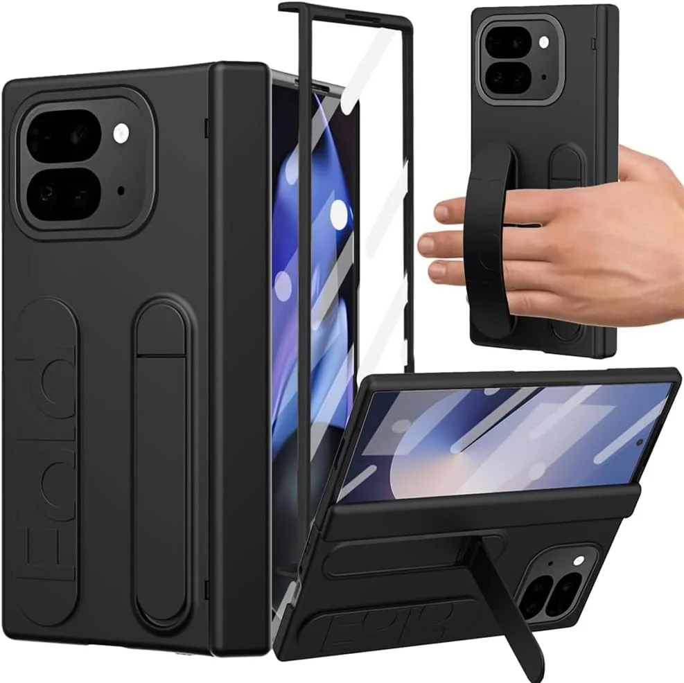 قاب محافظ به همراه بند مچی برای گوگل پیکسل 9 پرو فولد، کاور محافظ کامل با استند، محافظ لولا، محافظ صفحه نمایش، لبه های برجسته محافظ برای گوگل پیکسل 9 پرو فولد - مشکی