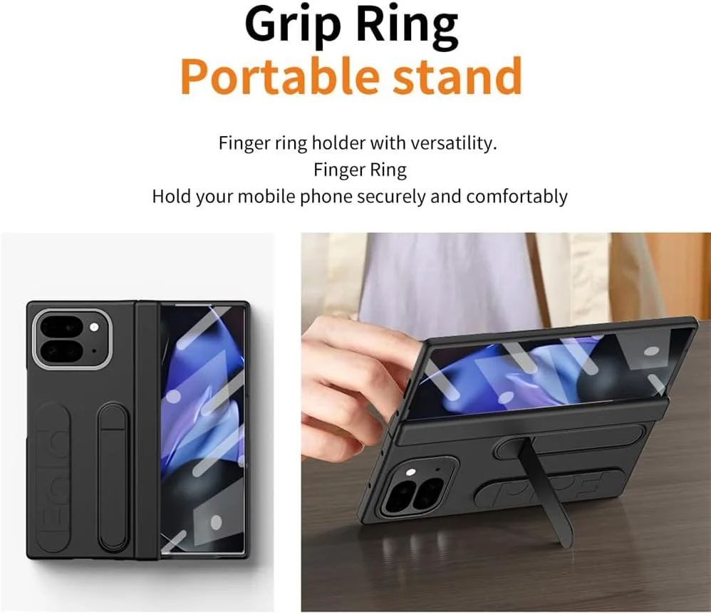 قاب محافظ به همراه بند مچی برای گوگل پیکسل 9 پرو فولد، کاور محافظ کامل با استند، محافظ لولا، محافظ صفحه نمایش، لبه های برجسته محافظ برای گوگل پیکسل 9 پرو فولد - مشکی