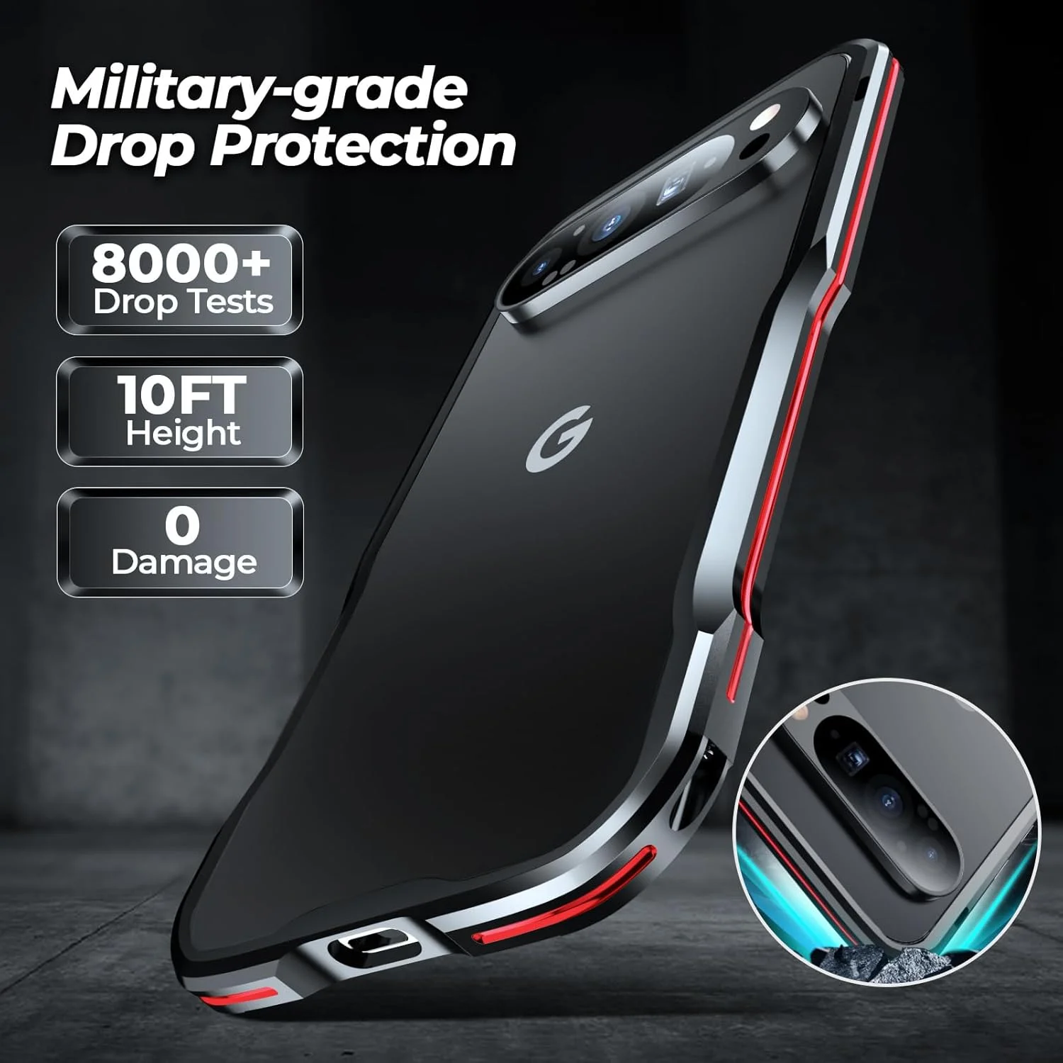 فریم فلزی سپر Gruattreay برای گوگل پیکسل 9 پرو XL (2024)، قاب گوشی خنک کننده ضد ضربه، پوشش محافظ قاب فلزی آلیاژ آلومینیوم با برچسب پشتی فیبر شفاف (قرمز)