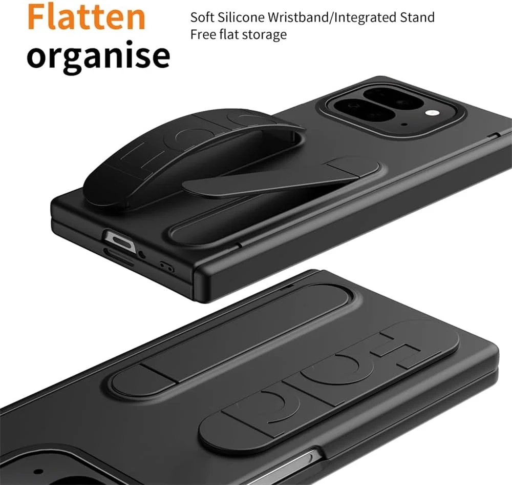 قاب محافظ به همراه بند مچی برای گوگل پیکسل 9 پرو فولد، کاور محافظ کامل با استند، محافظ لولا، محافظ صفحه نمایش، لبه های برجسته محافظ برای گوگل پیکسل 9 پرو فولد - مشکی