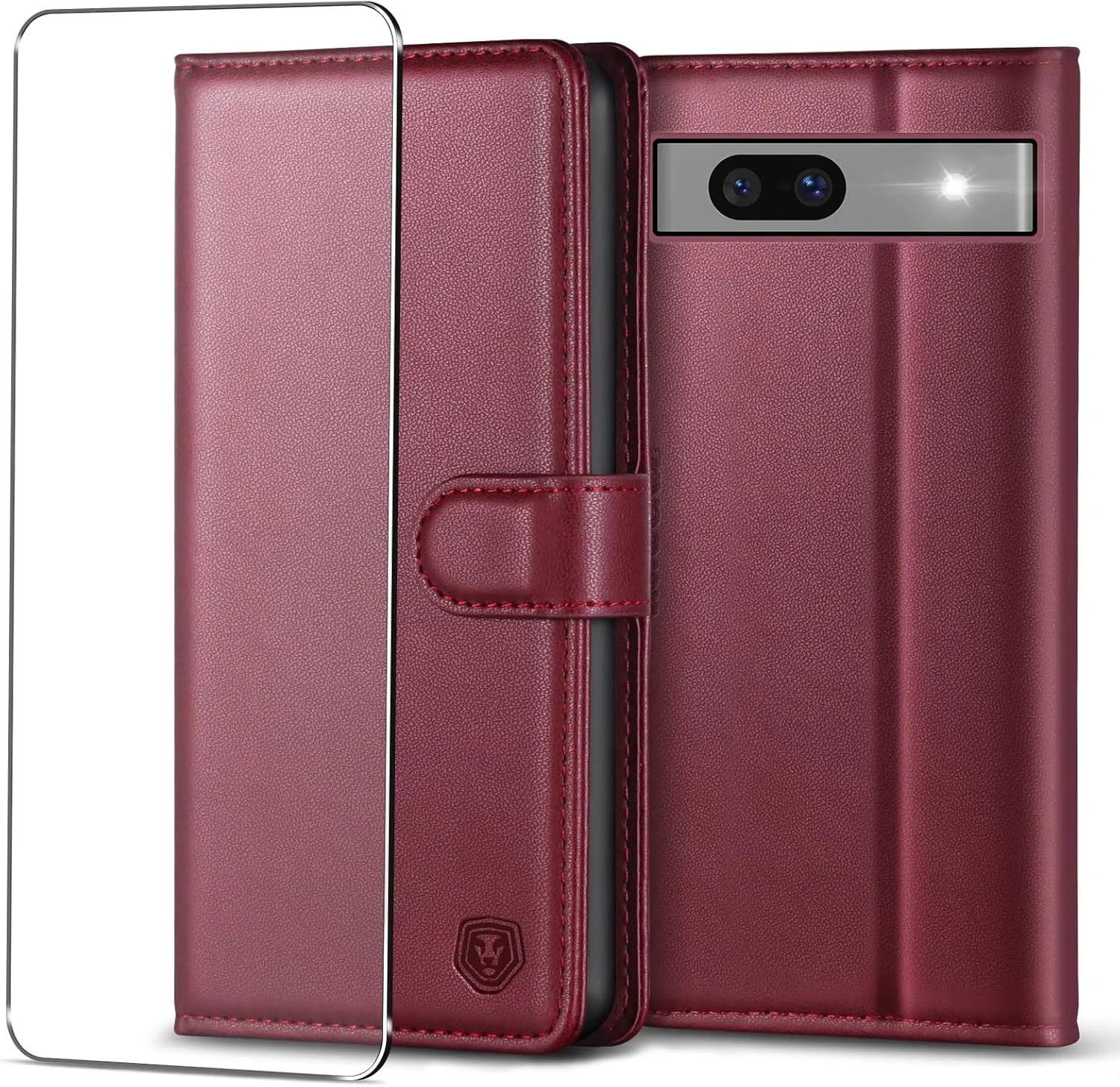 کیف محافظ گوشی گوگل پیکسل 7a به همراه 1 محافظ صفحه نمایش، دارای 4 جای کارت، قفل مغناطیسی و پایه تاشو، ضد ضربه - رنگ قرمز شرابی