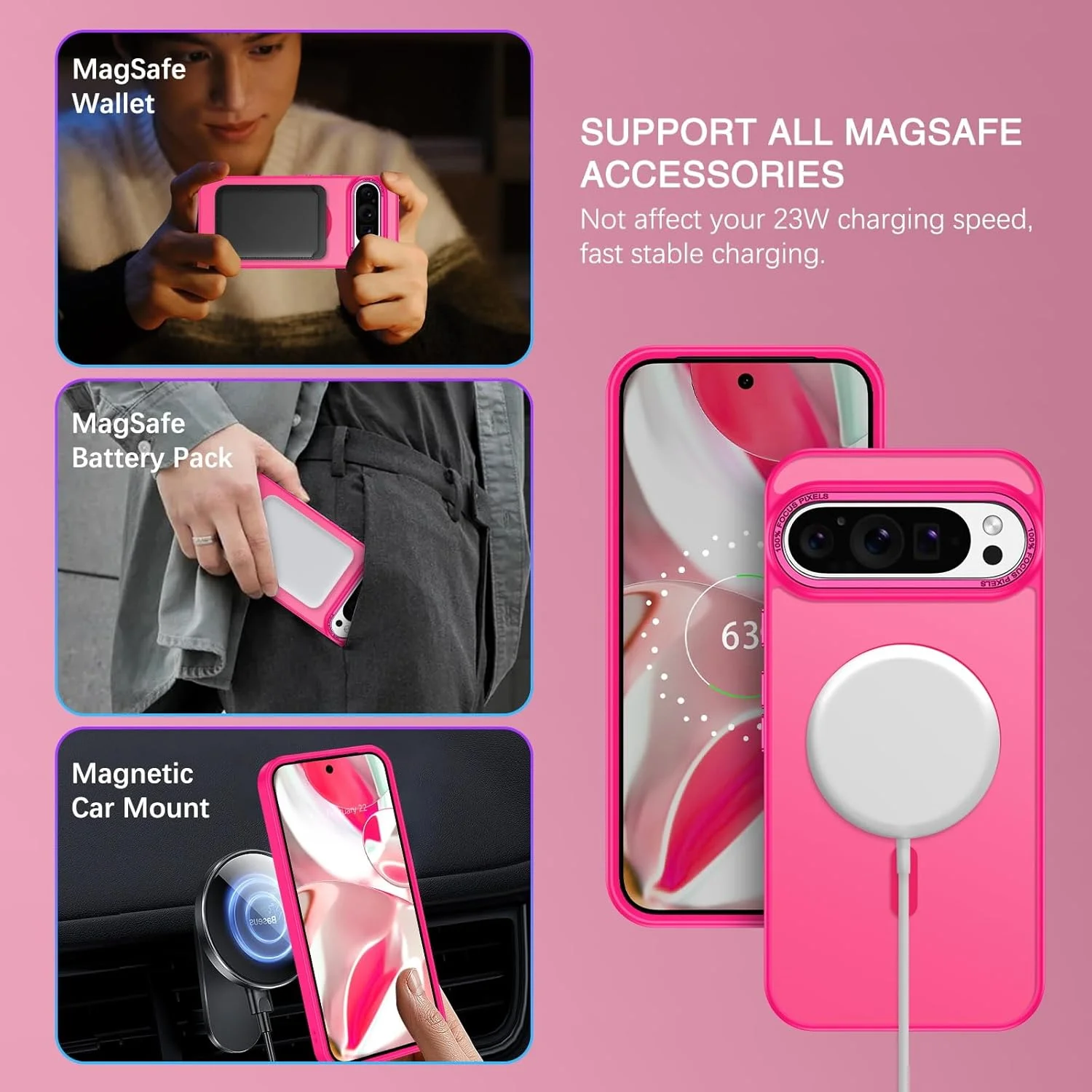 قاب مغناطیسی YINLAI برای Google Pixel 9 Pro XL، قاب گوشی باریک و مات نیمه شفاف با حس پوست، مناسب برای Google Pixel 9 Pro XL، صورتی آتشین