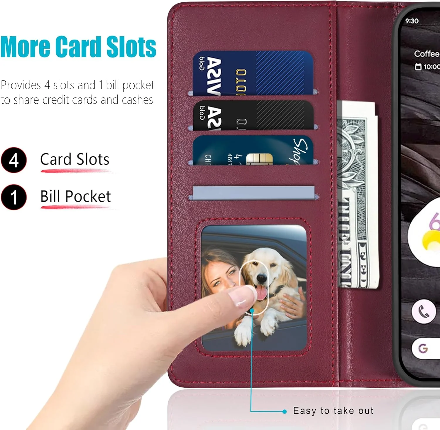 کیف محافظ گوشی گوگل پیکسل 7a به همراه 1 محافظ صفحه نمایش، دارای 4 جای کارت، قفل مغناطیسی و پایه تاشو، ضد ضربه - رنگ قرمز شرابی