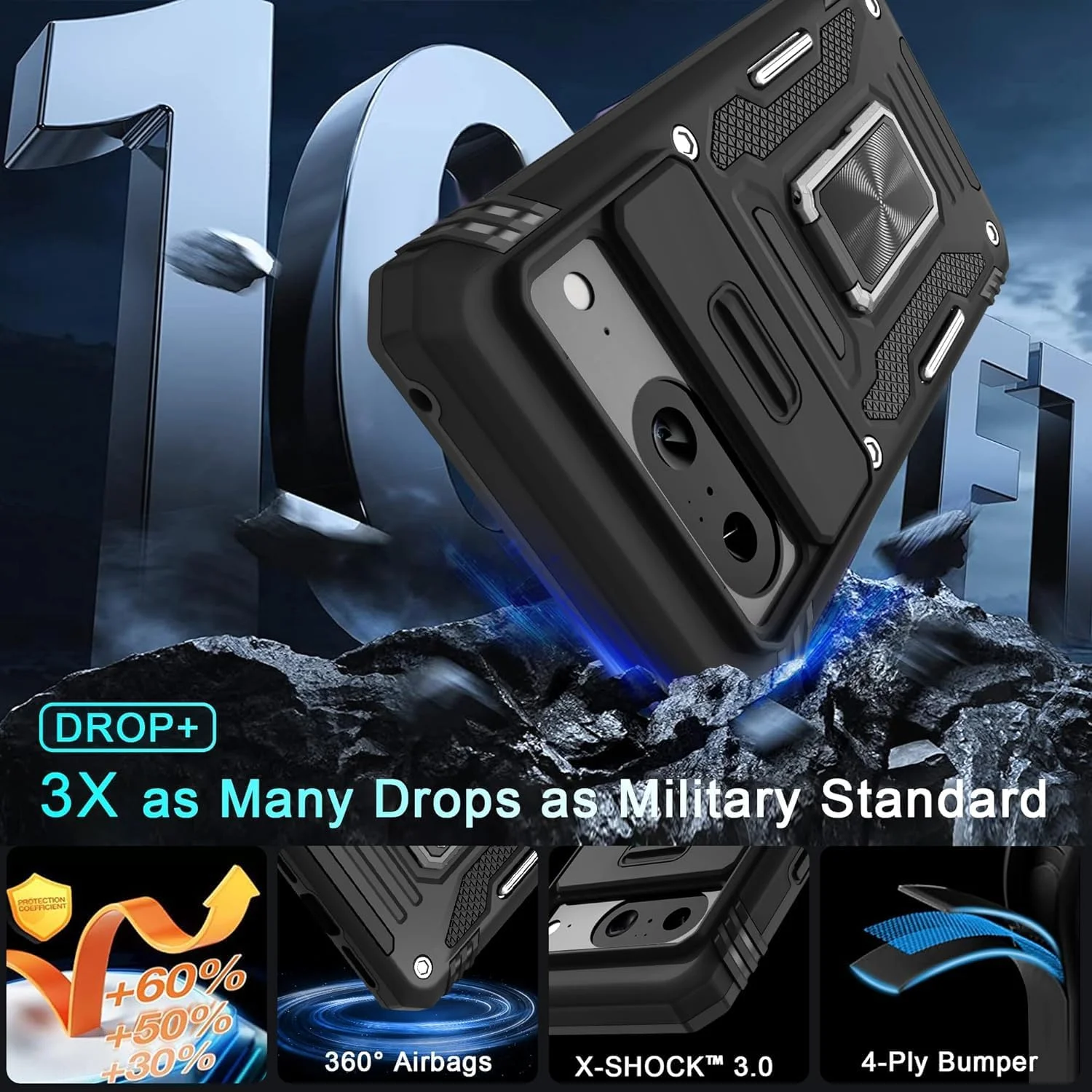 قاب محافظ گوشی گوگل پیکسل 9 پرو ایکس ال ELEPIK با پوشش دوربین، استند انگشتی [2 حالت ایستاده، افقی یا عمودی]، قاب محافظ گوشی [محافظت سنگین نظامی] برای گوگل پیکسل 9 پرو ایکس ال (مشکی)