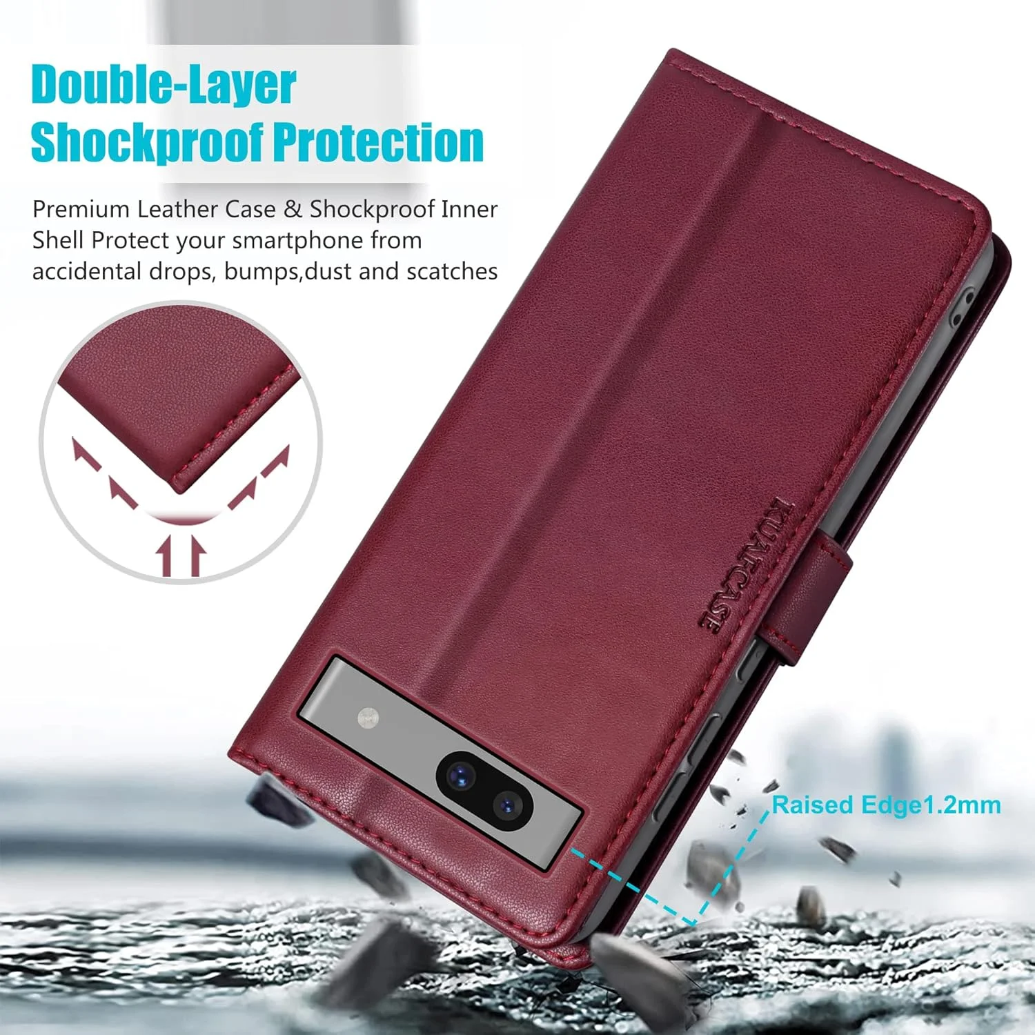 کیف محافظ گوشی گوگل پیکسل 7a به همراه 1 محافظ صفحه نمایش، دارای 4 جای کارت، قفل مغناطیسی و پایه تاشو، ضد ضربه - رنگ قرمز شرابی