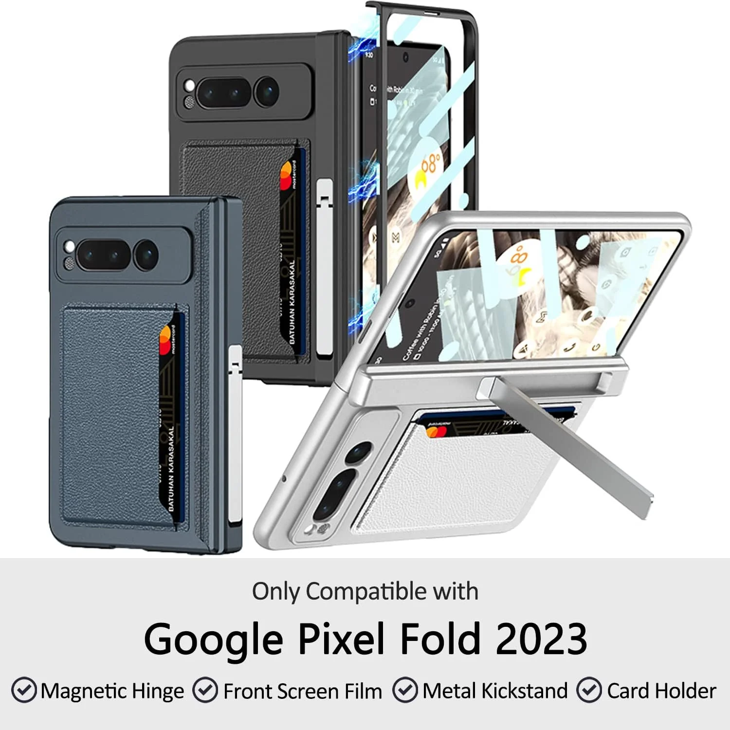 کیف محافظ گوشی Miimall برای Google Pixel Fold به همراه محافظ صفحه نمایش، [دارای جای کارت] [محافظ لولا] [پایه تاشو] ساخته شده از PC سخت و چرم PU با کیفیت، ضد ضربه و محافظ کامل گوشی برای Google Pixel Fold 5G - نقره ای