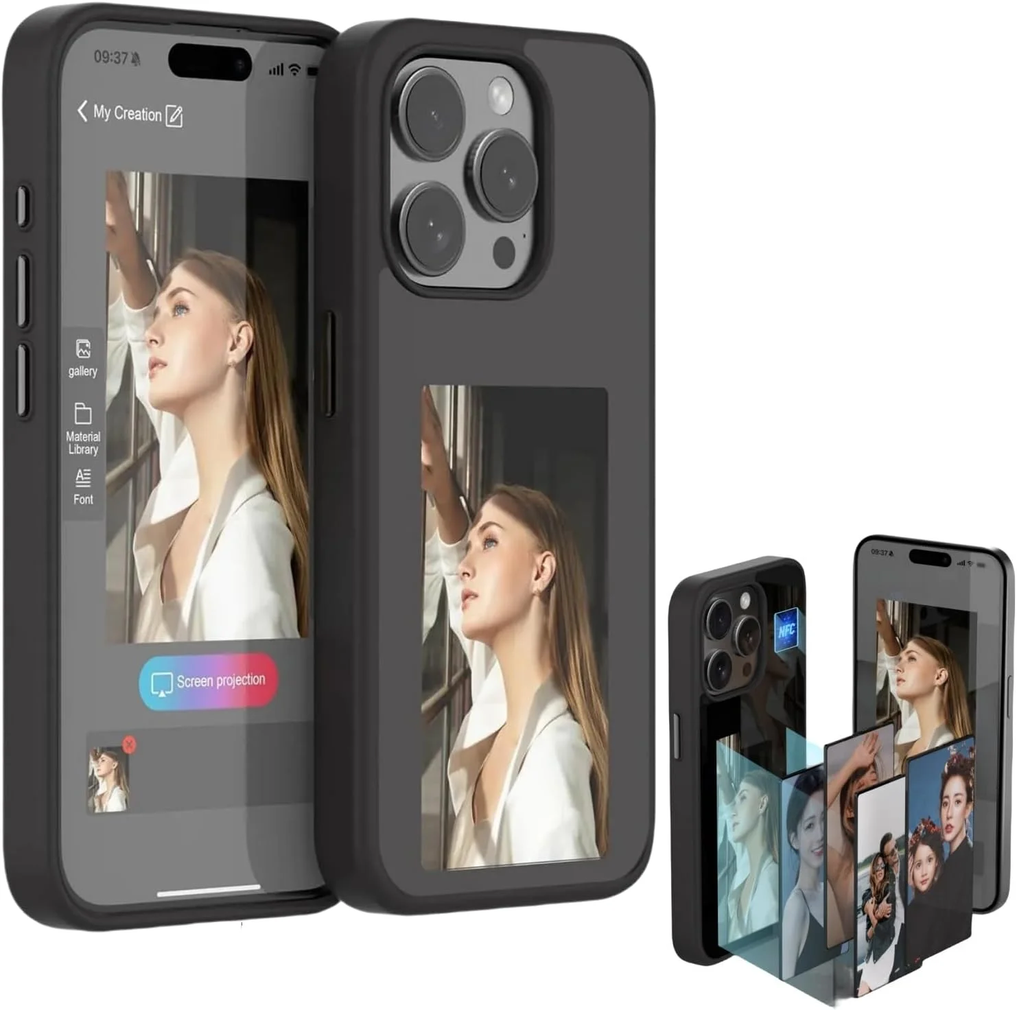 قاب گوشی هوشمند با قابلیت نمایش تصویر، تصاویر DIY، انتقال NFC، صفحه نمایش جوهر الکترونیکی 3.7 اینچی، ضد لغزش، ضد ضربه، مشکی (مناسب برای آیفون 13 پرو مکس)