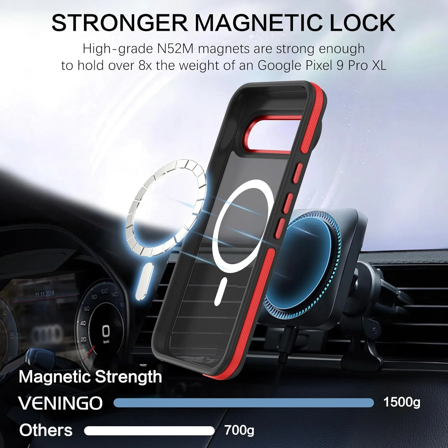 قاب مغناطیسی VENINGO برای گوشی گوگل پیکسل 9 پرو XL، محافظت ارتقا یافته [مقاوم در برابر سقوط از ارتفاع 4.2 متری]، باریک، مات و ضد ضربه با نوارهای کناری، قرمز