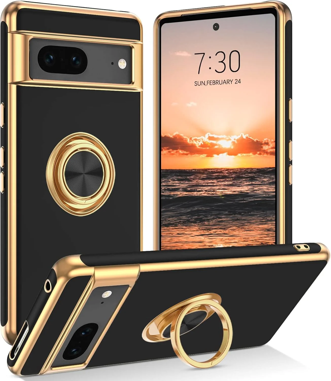 کاور محافظ گوشی گوگل پیکسل 7 مدل GUAGUA با حلقه 360 درجه، استند مقاوم در برابر ضربه و لغزش، پشتیبانی از هولدر مغناطیسی خودرو، مناسب برای آقایان و بانوان، رنگ مشکی/طلایی، اندازه 6.3 اینچ