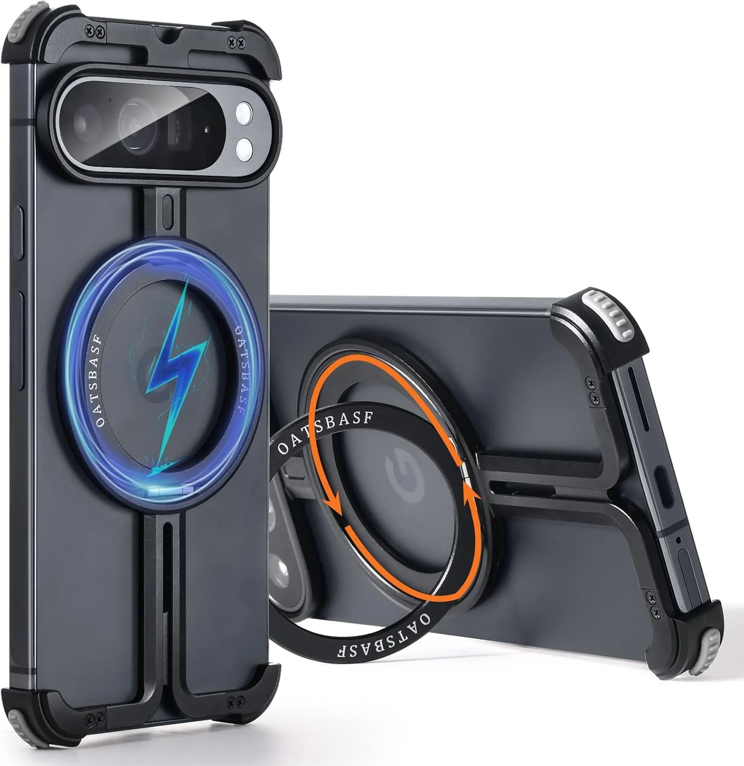 قاب بدون فریم برای گوگل پیکسل 9 پرو XL، قاب محافظ مینیمالیستی با پایه مغناطیسی چرخان 360 درجه، قاب فلزی باریک بدون حاشیه با پایه حلقه ای (مشکی)