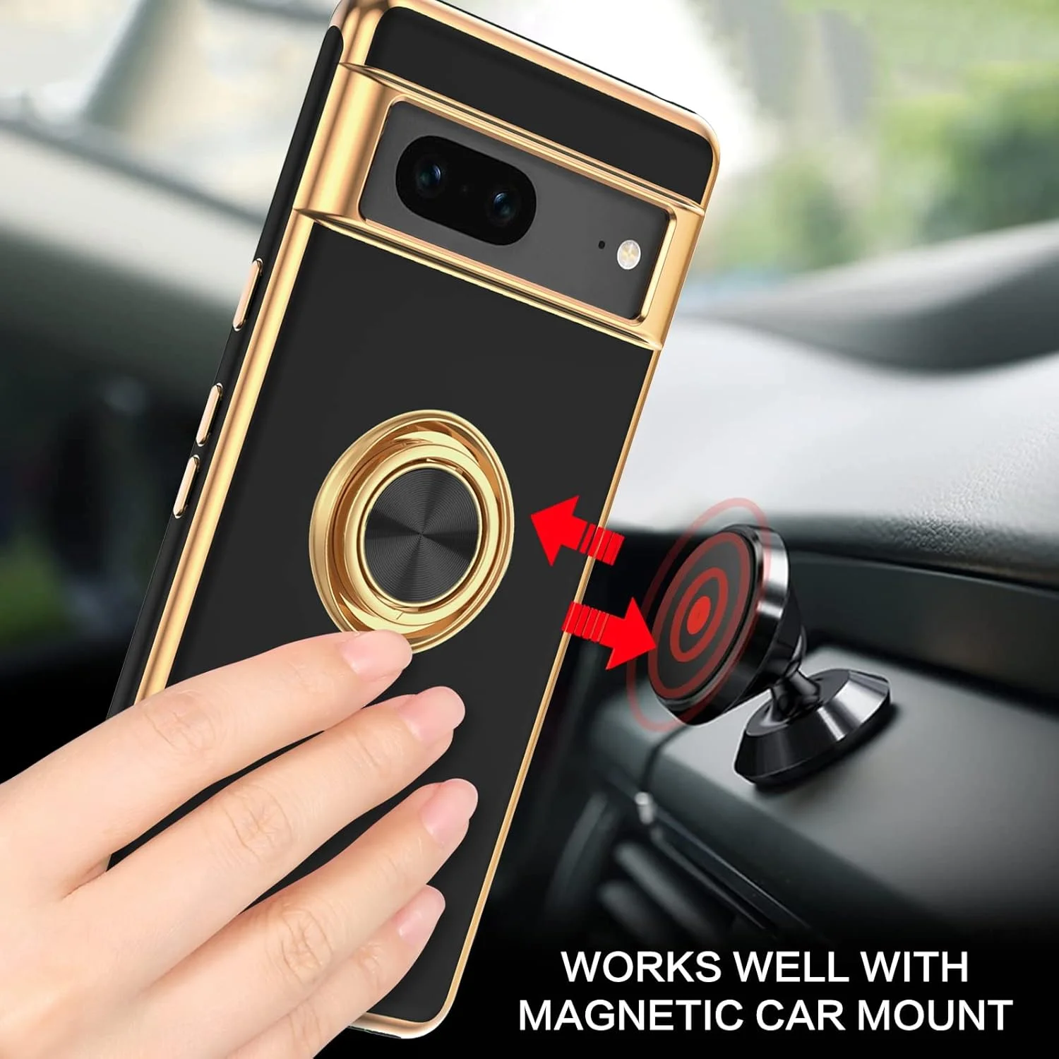 کاور محافظ گوشی گوگل پیکسل 7 مدل GUAGUA با حلقه 360 درجه، استند مقاوم در برابر ضربه و لغزش، پشتیبانی از هولدر مغناطیسی خودرو، مناسب برای آقایان و بانوان، رنگ مشکی/طلایی، اندازه 6.3 اینچ