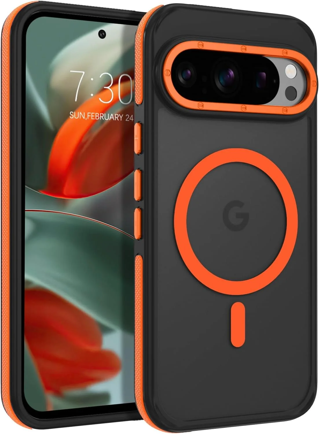 قاب محافظ گوشی GaoBao برای گوگل پیکسل 9 پرو XL، [سازگار با MagSafe] با پشت مات نیمه شفاف، ضربه گیر ضد ضربه، محافظ نازک و باریک مغناطیسی برای قاب پیکسل 9 پرو XL، مشکی/نارنجی