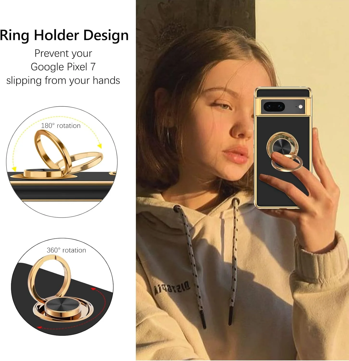کاور محافظ گوشی گوگل پیکسل 7 مدل GUAGUA با حلقه 360 درجه، استند مقاوم در برابر ضربه و لغزش، پشتیبانی از هولدر مغناطیسی خودرو، مناسب برای آقایان و بانوان، رنگ مشکی/طلایی، اندازه 6.3 اینچ
