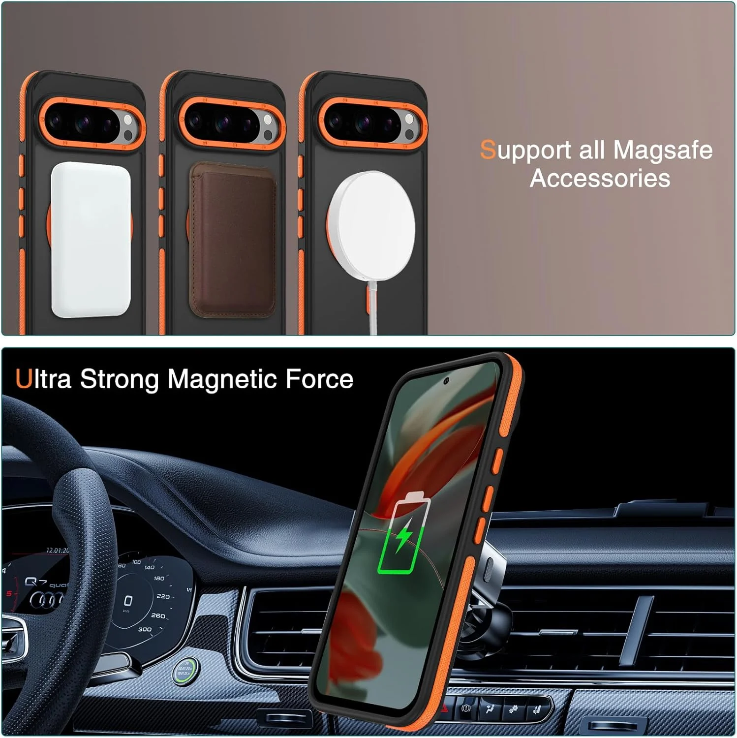 قاب محافظ گوشی GaoBao برای گوگل پیکسل 9 پرو XL، [سازگار با MagSafe] با پشت مات نیمه شفاف، ضربه گیر ضد ضربه، محافظ نازک و باریک مغناطیسی برای قاب پیکسل 9 پرو XL، مشکی/نارنجی