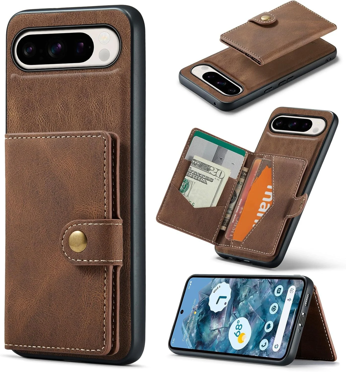 کیف پول Azonee برای Google Pixel 9 Pro XL 2024، جا کارتی مغناطیسی جداشدنی، کیف چرمی گوشی با جای کارت و پول، پشتیبانی از شارژ بی سیم (قهوه ای)