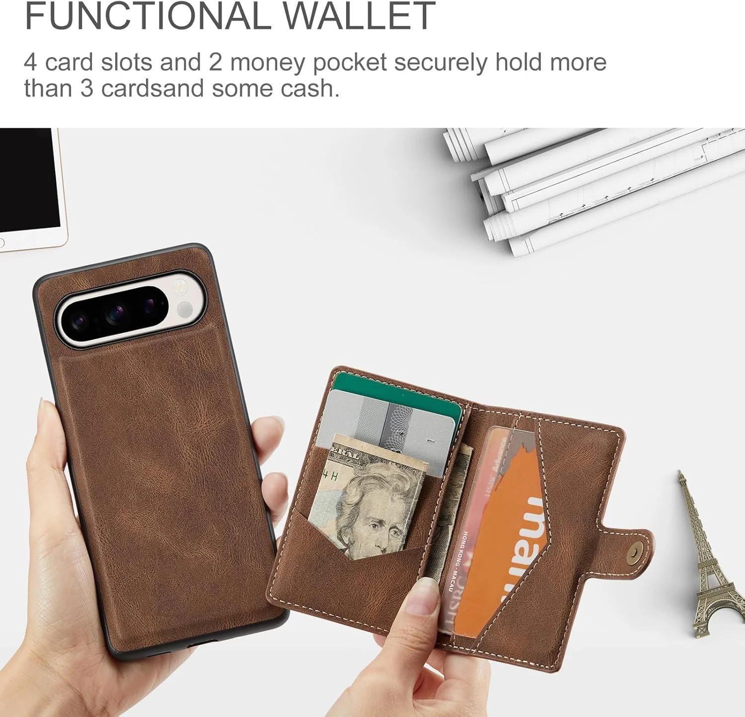 کیف پول Azonee برای Google Pixel 9 Pro XL 2024، جا کارتی مغناطیسی جداشدنی، کیف چرمی گوشی با جای کارت و پول، پشتیبانی از شارژ بی سیم (قهوه ای)