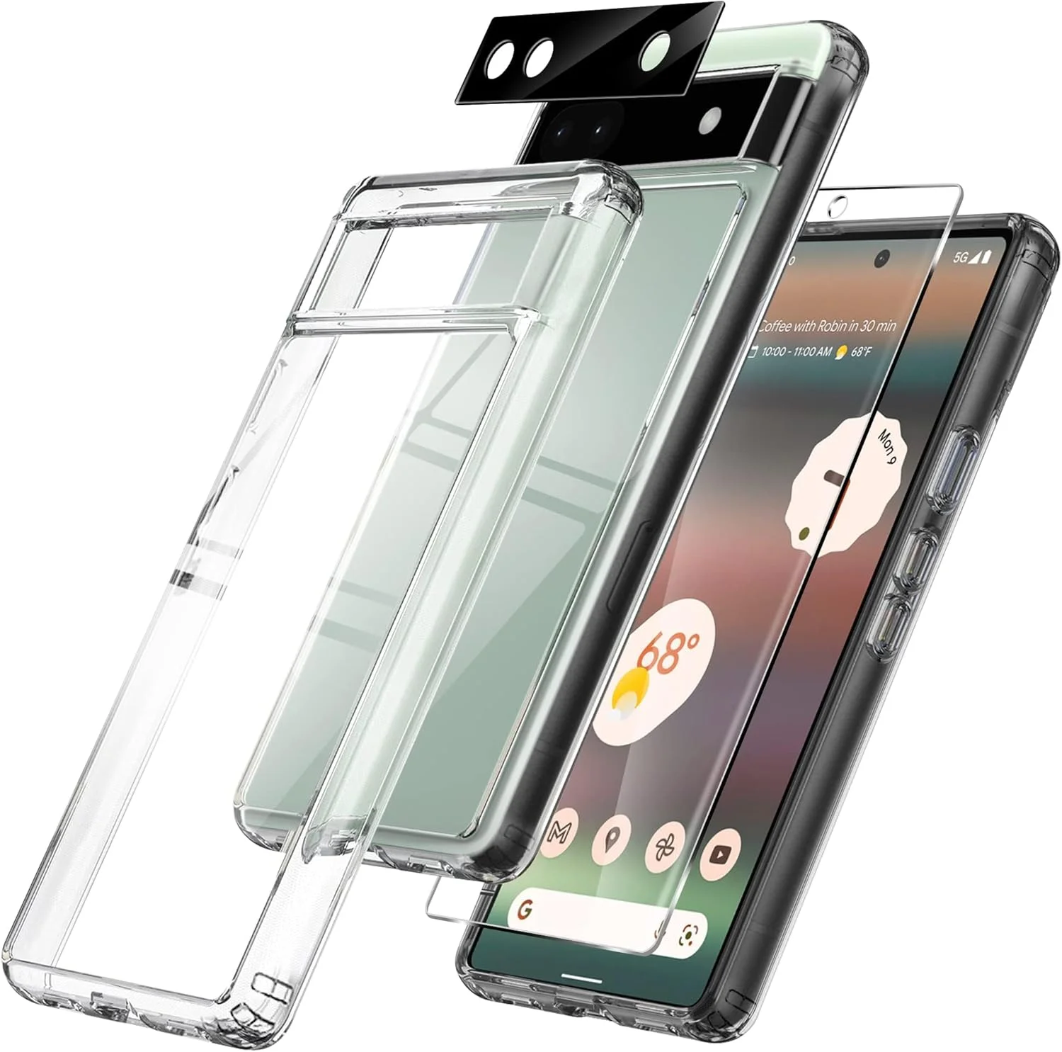 قاب گوشی نالاکال برای گوگل پیکسل 6a 5G، به همراه 2 محافظ صفحه نمایش + 2 محافظ لنز دوربین (شیشه حرارت دیده)، پوشش پشتی اکریلیک جامد ضد ضربه و فریم TPU - شفاف