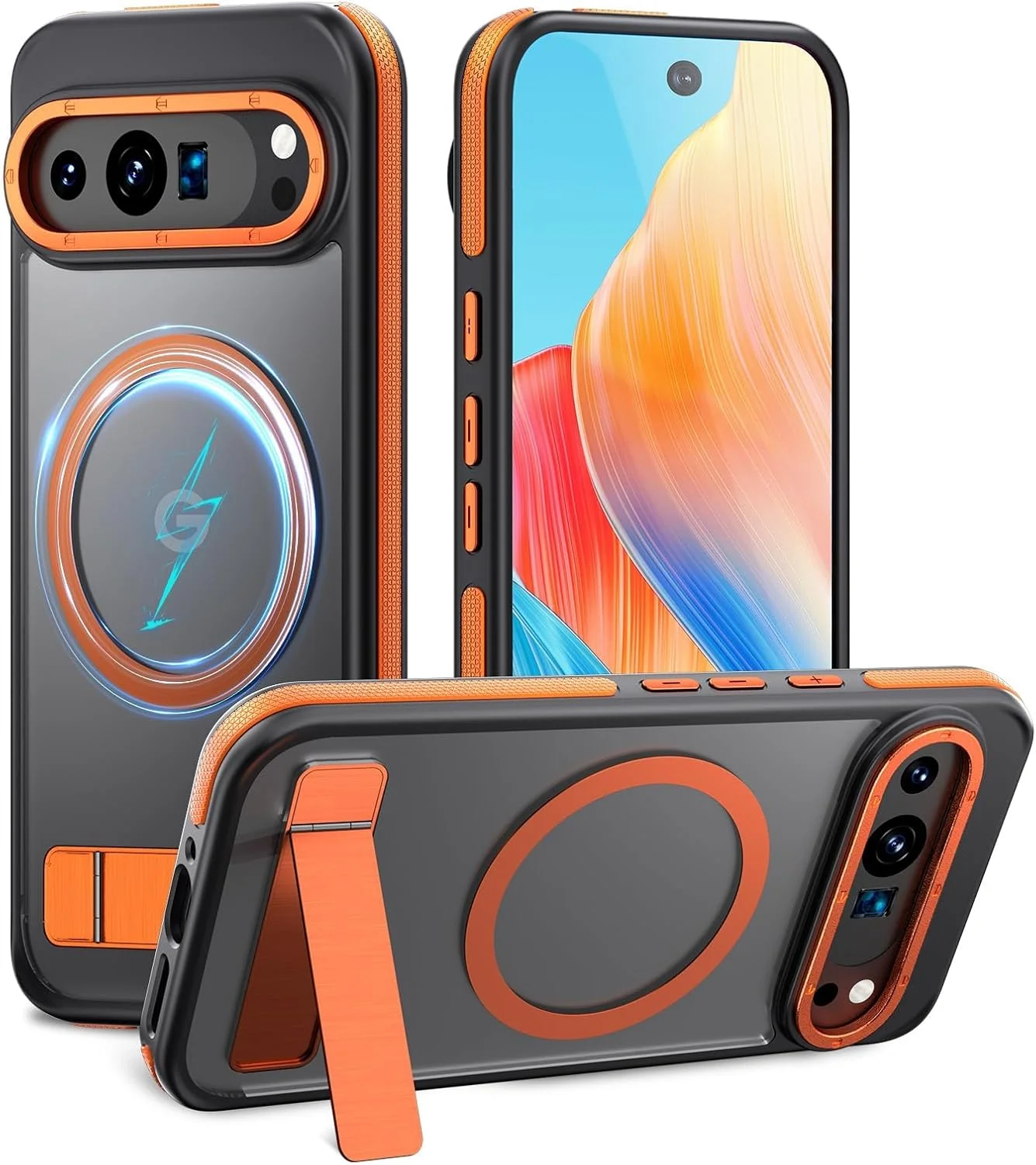 قاب محافظ گوشی گوگل پیکسل 9 پرو ایکس ال/9 ایکس ال با پایه مغناطیسی، قاب آزونی سازگار با مگ-سیف، دارای پایه فلزی تاشو، ضد ضربه (نارنجی روشن)