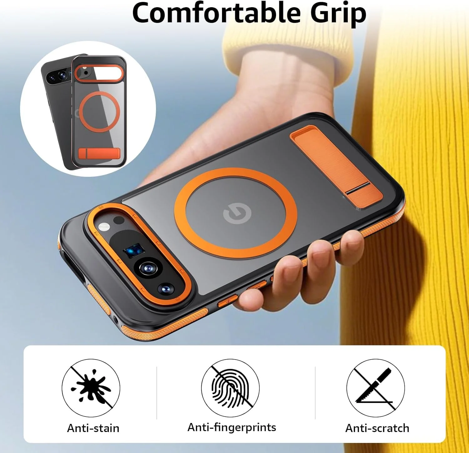 قاب محافظ گوشی گوگل پیکسل 9 پرو ایکس ال/9 ایکس ال با پایه مغناطیسی، قاب آزونی سازگار با مگ-سیف، دارای پایه فلزی تاشو، ضد ضربه (نارنجی روشن)