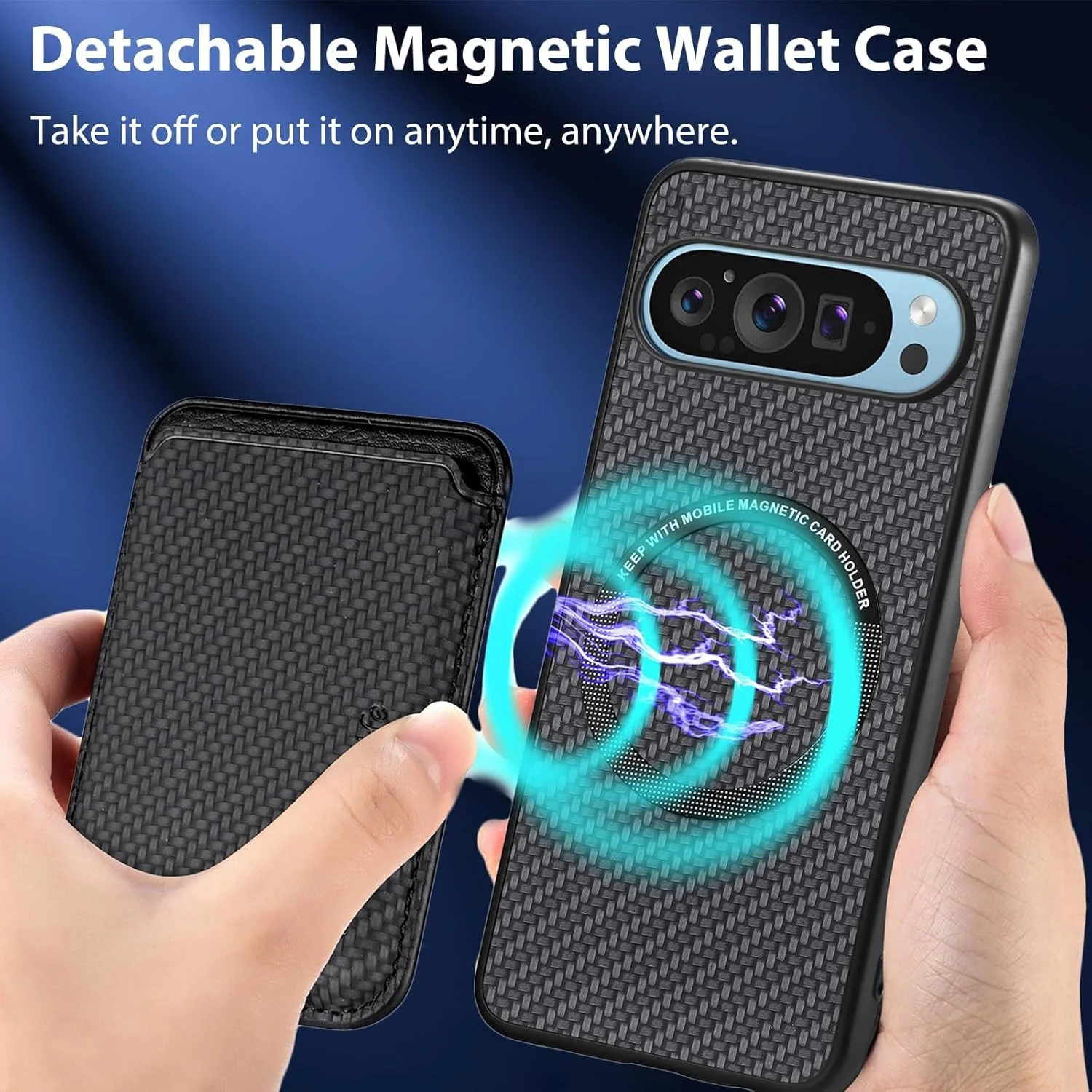 کاور محافظ گوشی گوگل پیکسل 10 پرو ایکس ال RUNGOS مدل Magsafe، به همراه کیف پول مغناطیسی و جا کارتی (بافت فیبر کربن) [مغناطیسی پایدار] [مقاوم در برابر سقوط از ارتفاع 3 متر] ضد ضربه برای کیف پول گوشی گوگل پیکسل 10 پرو ایکس ال، مشکی