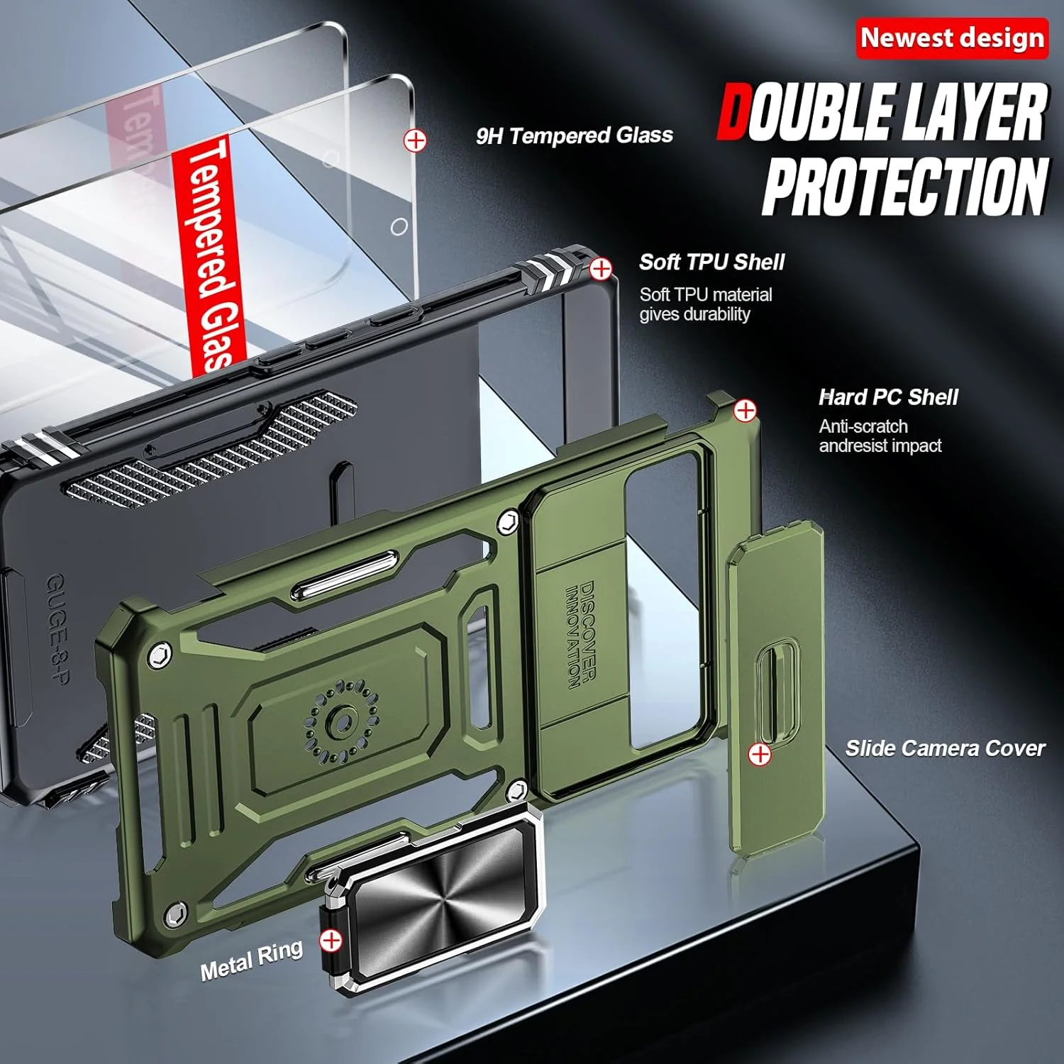 قاب محافظ گوشی LeYi برای گوگل پیکسل 8 پرو: قاب گوشی پیکسل 8 پرو به همراه پوشش کشویی لنز دوربین، 2 عدد محافظ صفحه نمایش، پایه نگهدارنده انگشتی، محافظ زرهی ضد ضربه درجه نظامی، سبز