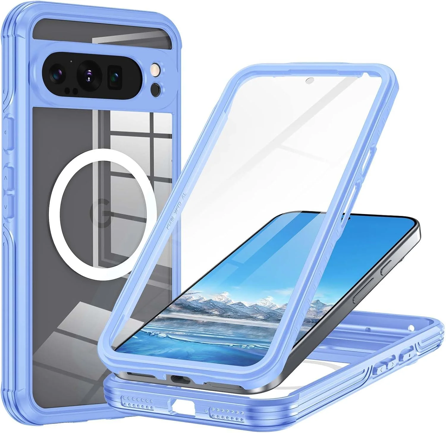 قاب محافظ آزون برای گوگل پیکسل 9 پرو ایکس ال، سازگار با مگ-سیف، قاب محافظ کامل گوشی با محافظ صفحه نمایش شیشه ای حرارت دیده 9H داخلی، پوشش شفاف ضد ضربه و مقاوم در برابر سقوط برای پیکسل 9 پرو ایکس ال