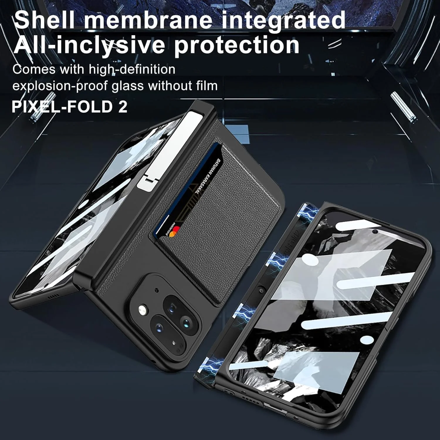 قاب محافظ تاشو برای گوگل پیکسل فولد 2 / 9 پرو فولد به همراه جا کارتی و محافظ صفحه نمایش - محافظت لولای مغناطیسی، براکت PC فوق العاده نازک، قاب تاشو همه جانبه (مشکی)