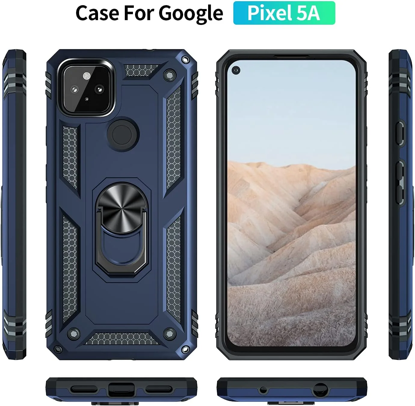 قاب محافظ سیلیکونی ضد ضربه و سخت با حلقه نگهدارنده برای گوگل پیکسل 5a 5G، آبی