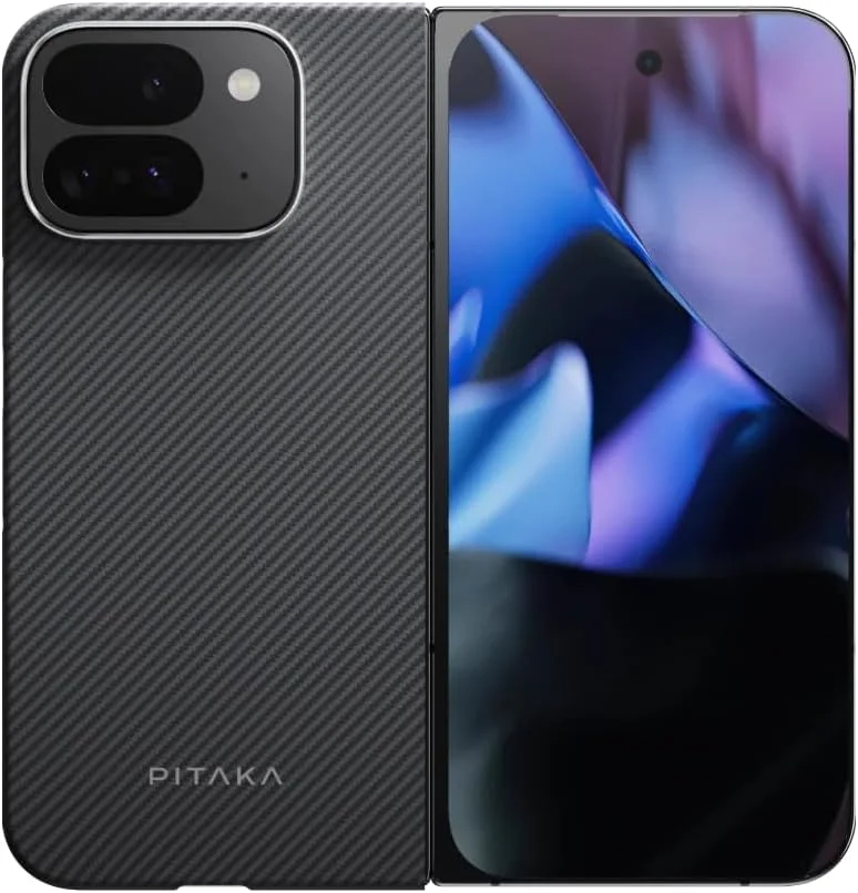 کاور محافظ گوشی گوگل پیکسل 9 پرو فولد پیتاکا، باریک و سبک، سازگار با MagSafe، ساخته شده از فیبر آرامید [MagEZ Case 5 - بافت فیوژن مشکی/خاکستری]