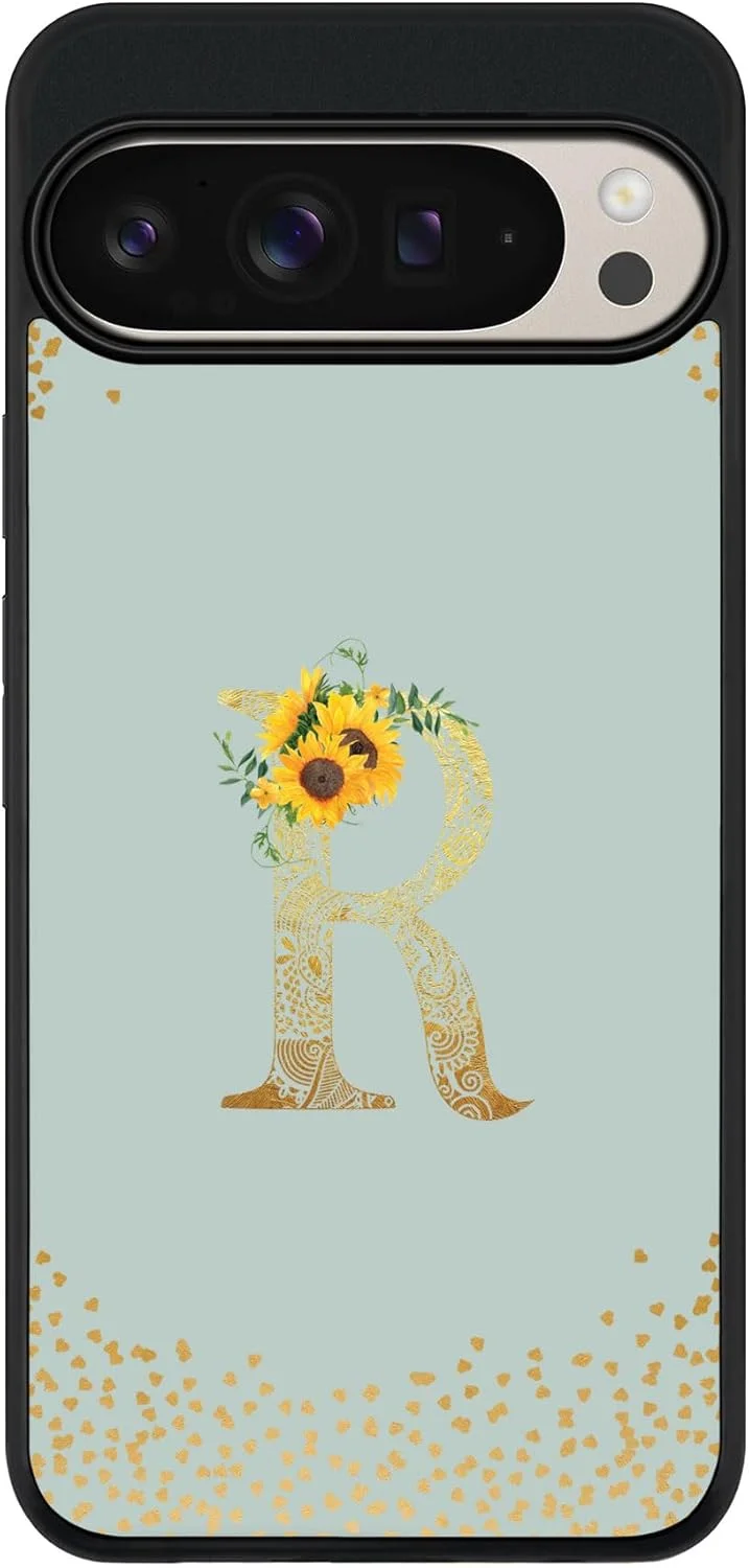 قاب محافظ مقاوم و باریک گوشی گوگل پیکسل 9 پرو ایکس ال، محافظ دوربین، ضد ضربه و نازک - طرح گلدار سفارشی - حرف R (خاکستری روشن)