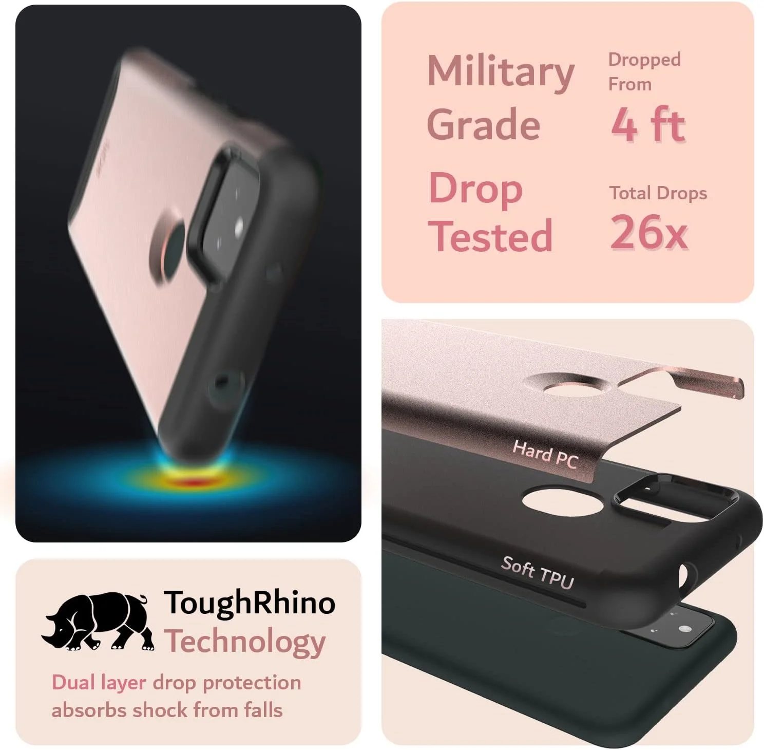 کاور محافظ دو لایه TUDIA DualShield مناسب برای گوشی گوگل پیکسل 5a 5G (2021)، [ادغام] ضد ضربه، باریک، مقاوم، با پوشش محافظ سخت برای گوگل پیکسل 5a 5G (رزگلد)