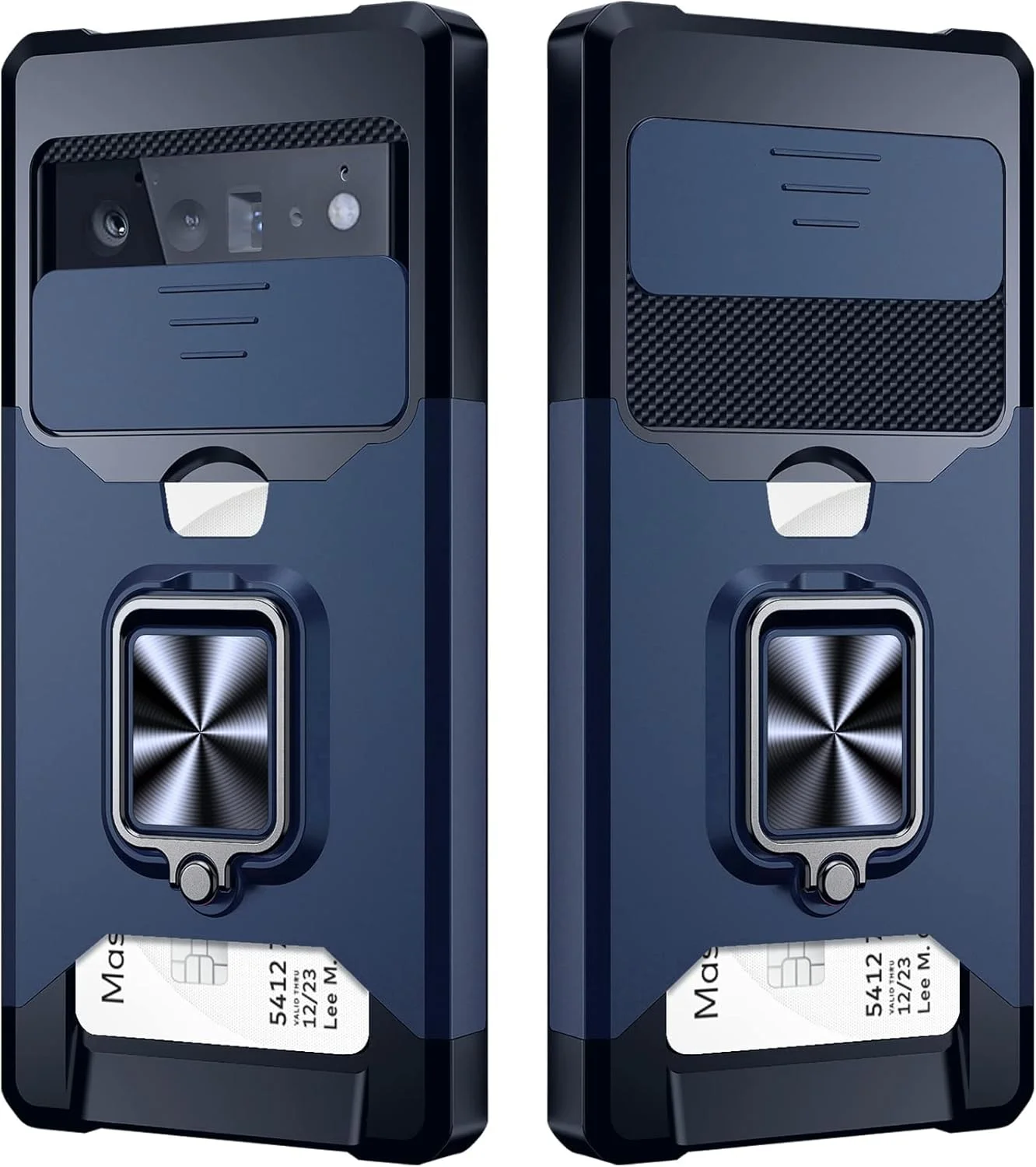 قاب محافظ گوشی گوگل پیکسل 6 پرو با پوشش کشویی دوربین و جای کارت، سازگار با گوگل پیکسل 6 پرو 5G، کیف پول با پایه انگشتی 360 درجه (آبی)