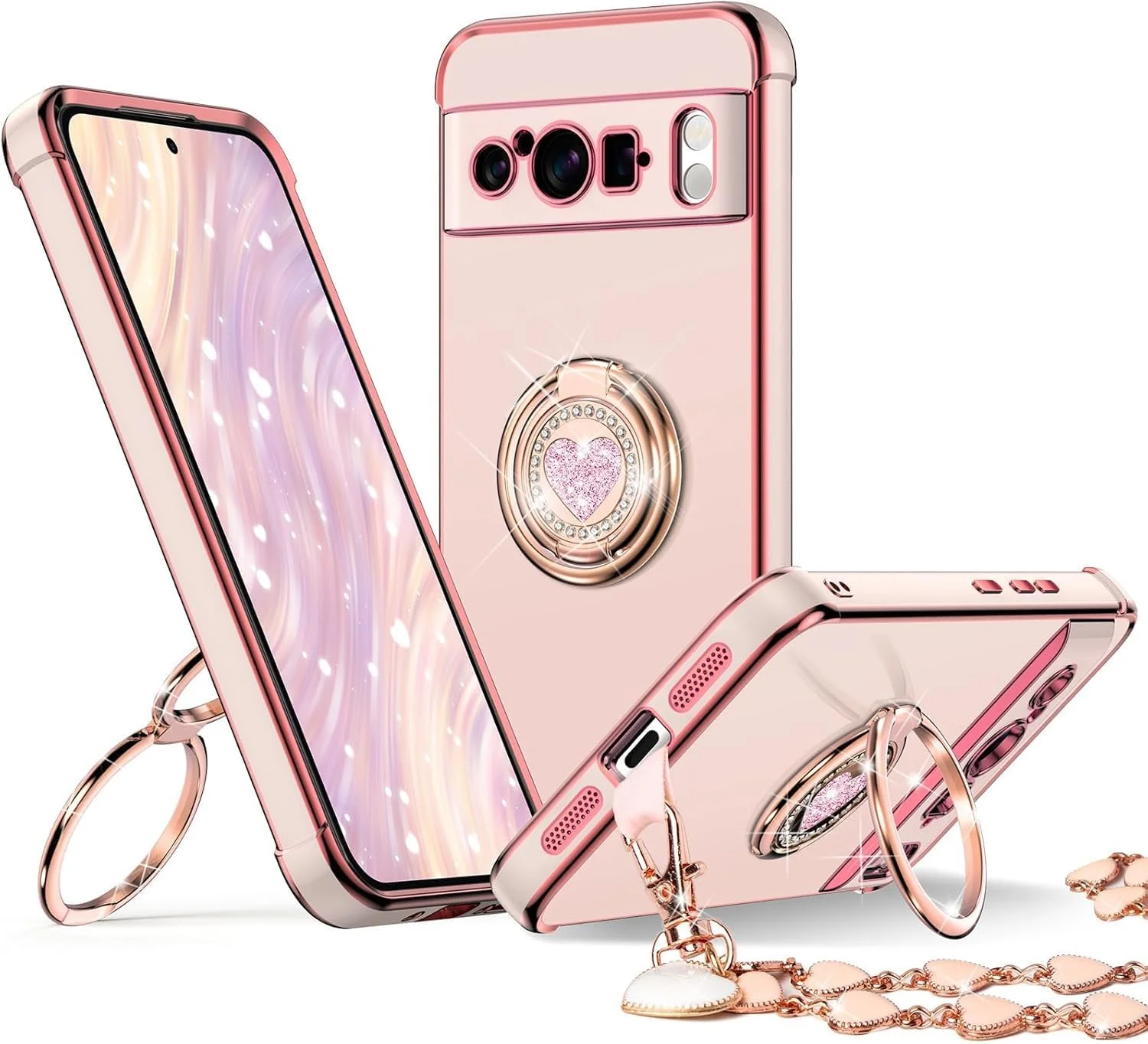 قاب محافظ باریک و محافظتی ELEPIK سری 6D-Stand با پایه دو حلقه ای و بند مچی، طرح قلب لوکس و درخشان مناسب گوشی گوگل پیکسل 10 پرو XL، صورتی قاب محافظ باریک و محافظتی ELEPIK سری 6D-Stand با پایه دو حلقه ای و بند مچی، طرح قلب لوکس و درخشان مناسب گوشی گوگل پیکسل 10 پرو XL، صورتی