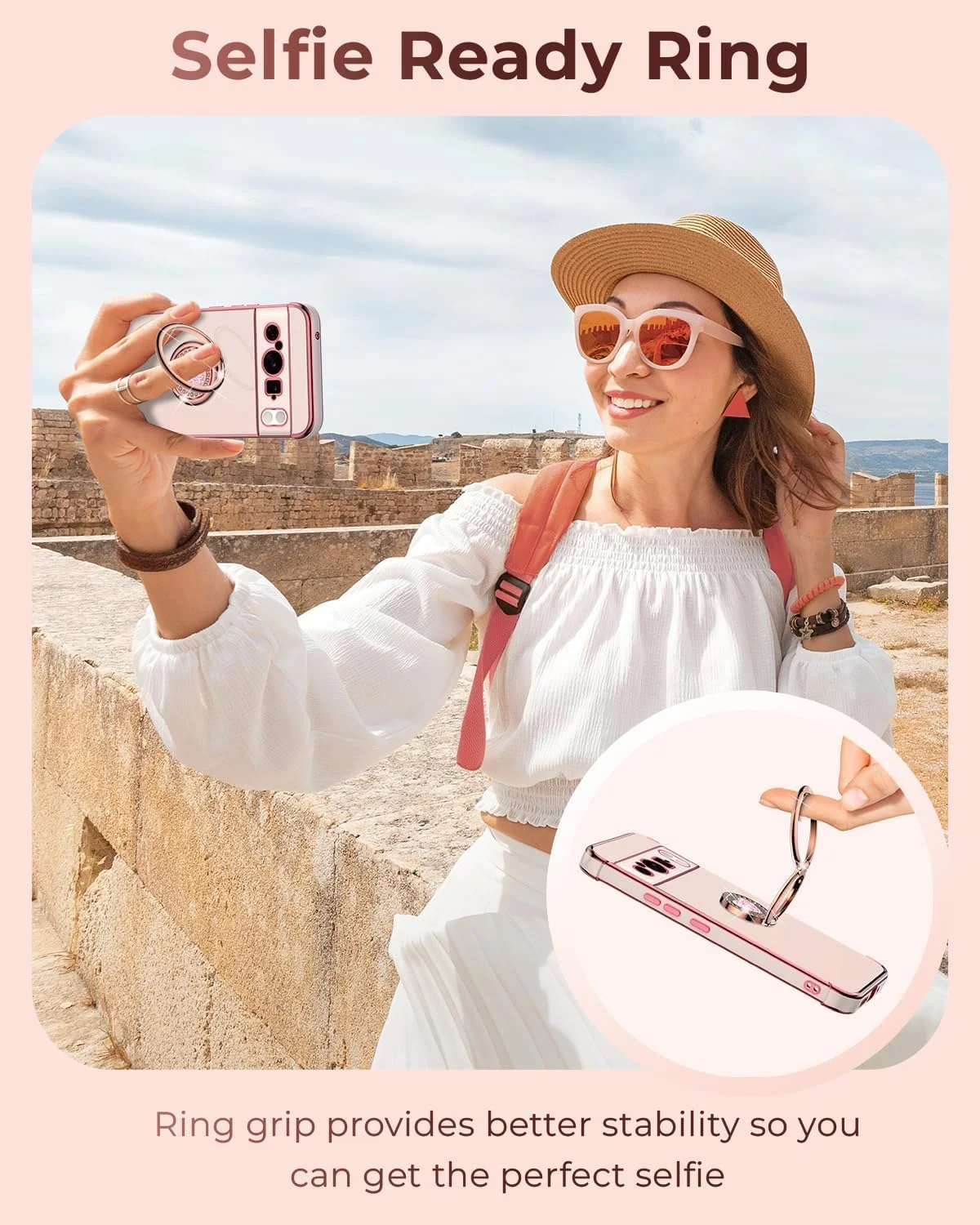 قاب محافظ باریک و محافظتی ELEPIK سری 6D-Stand با پایه دو حلقه ای و بند مچی، طرح قلب لوکس و درخشان مناسب گوشی گوگل پیکسل 10 پرو XL، صورتی