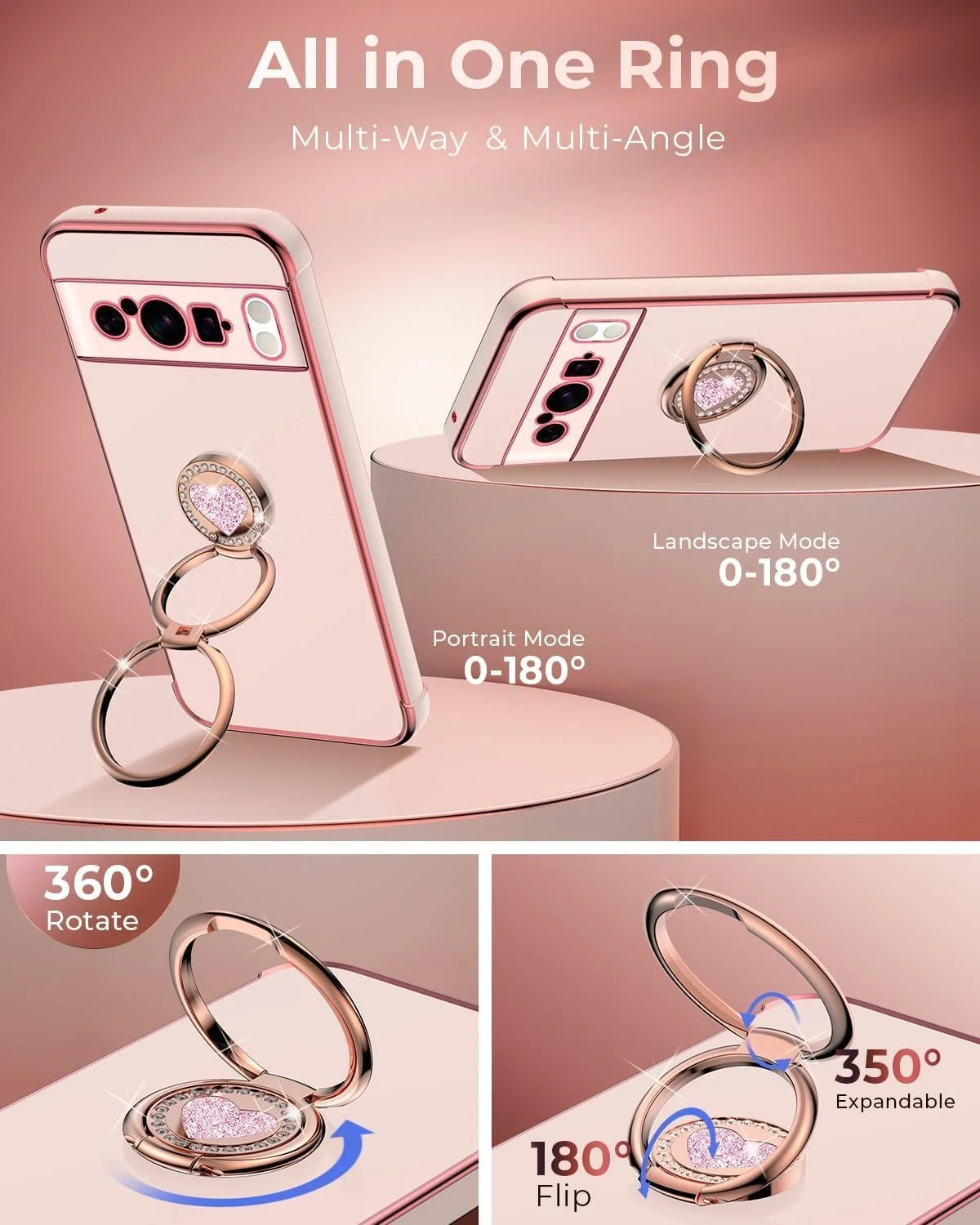 قاب محافظ باریک و محافظتی ELEPIK سری 6D-Stand با پایه دو حلقه ای و بند مچی، طرح قلب لوکس و درخشان مناسب گوشی گوگل پیکسل 10 پرو XL، صورتی