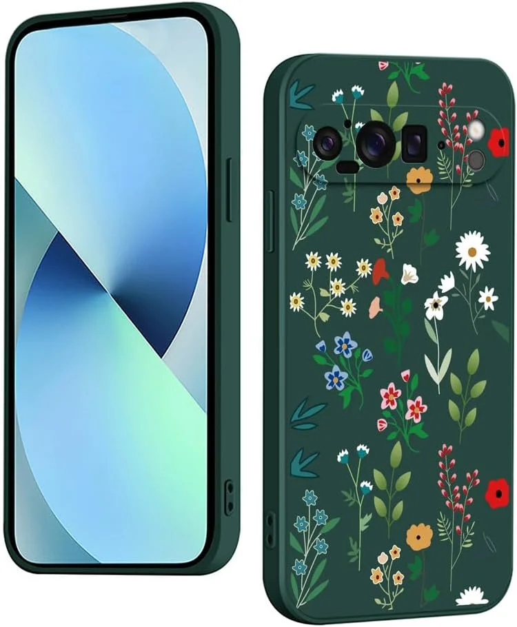 کاور سیلیکونی ضد ضربه و ضد لغزش گوشی گوگل پیکسل 10 پرو ایکس ال، محافظ نرم، بادوام، باریک و پوشش کامل (طرح گلدار، سبز)