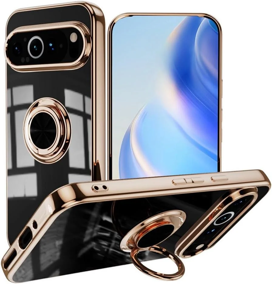 قاب محافظ گوشی گوگل پیکسل 9/ پیکسل 9 پرو/ پیکسل 9 پرو ایکس ال، محافظ لنز دوربین، استند نامرئی، قاب گوشی آبکاری شده شیک، طراحی لبه طلایی ممتاز، پوشش نرم ضد ضربه (گوگل پیکسل 9/9 پرو، مشکی)