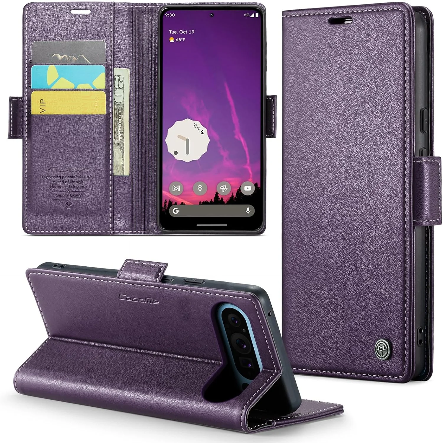 کاور چرمی کیف پول دار Phernykas برای Google Pixel 9 Pro XL با محافظ مغناطیسی و RFID، کاور فولیو ضد سرقت Google Pixel 9 Pro XL، بنفش