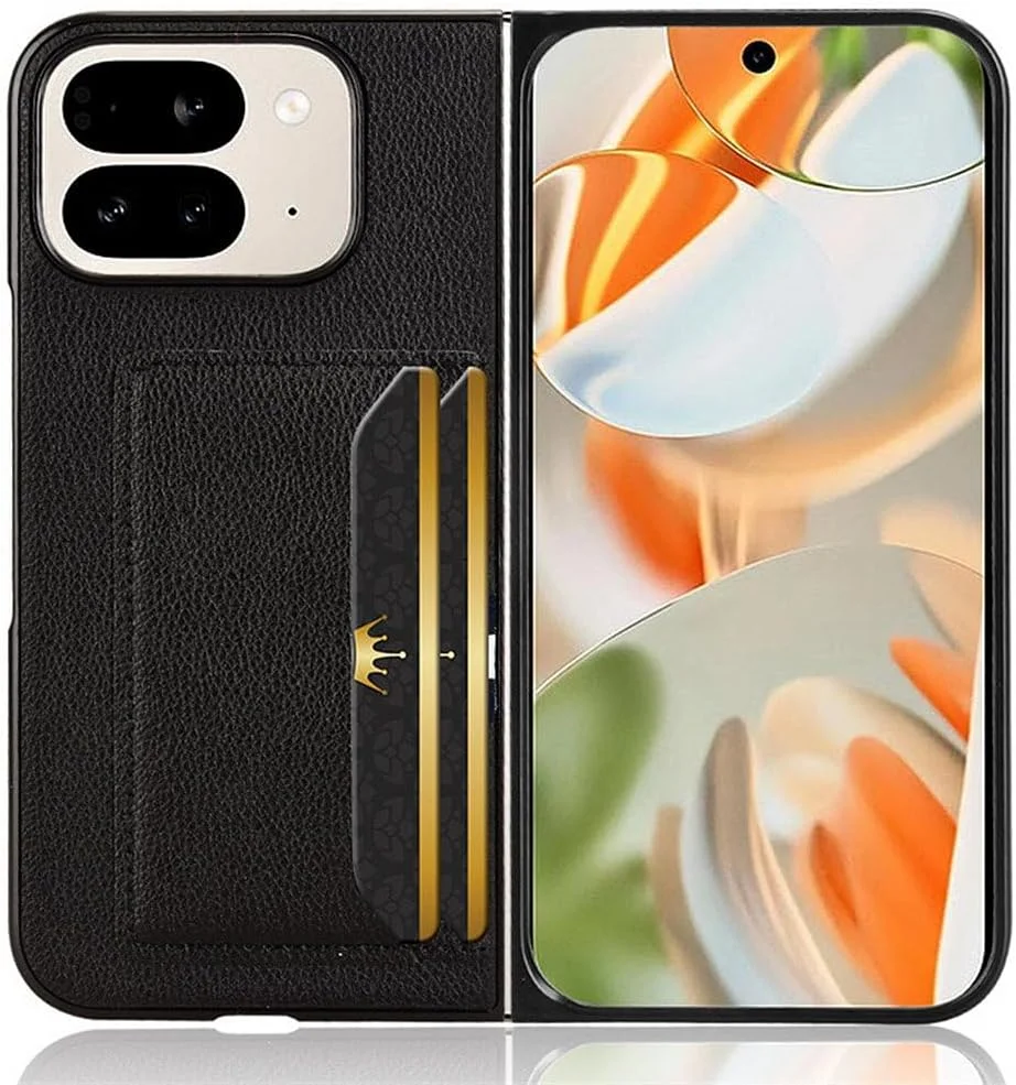 کاور تاشو چرمی مناسب برای گوگل پیکسل 9 پرو فولد، دارای جای کارت، لمس راحت، فوق العاده سبک و نازک، ضد ضربه، مشکی